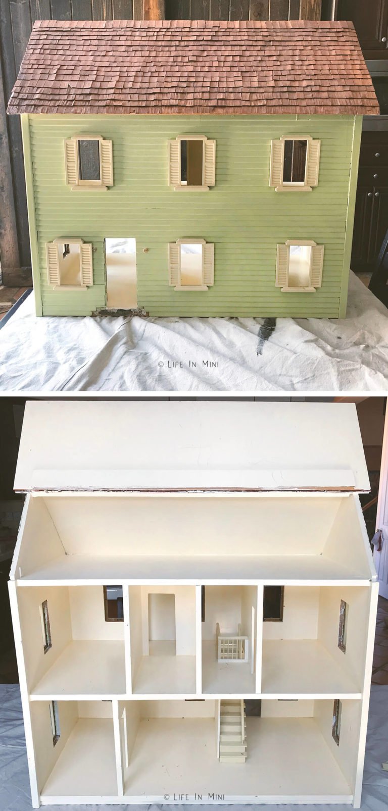 Before shots of old dollhouse, exterior painted cream and light green, interior cream