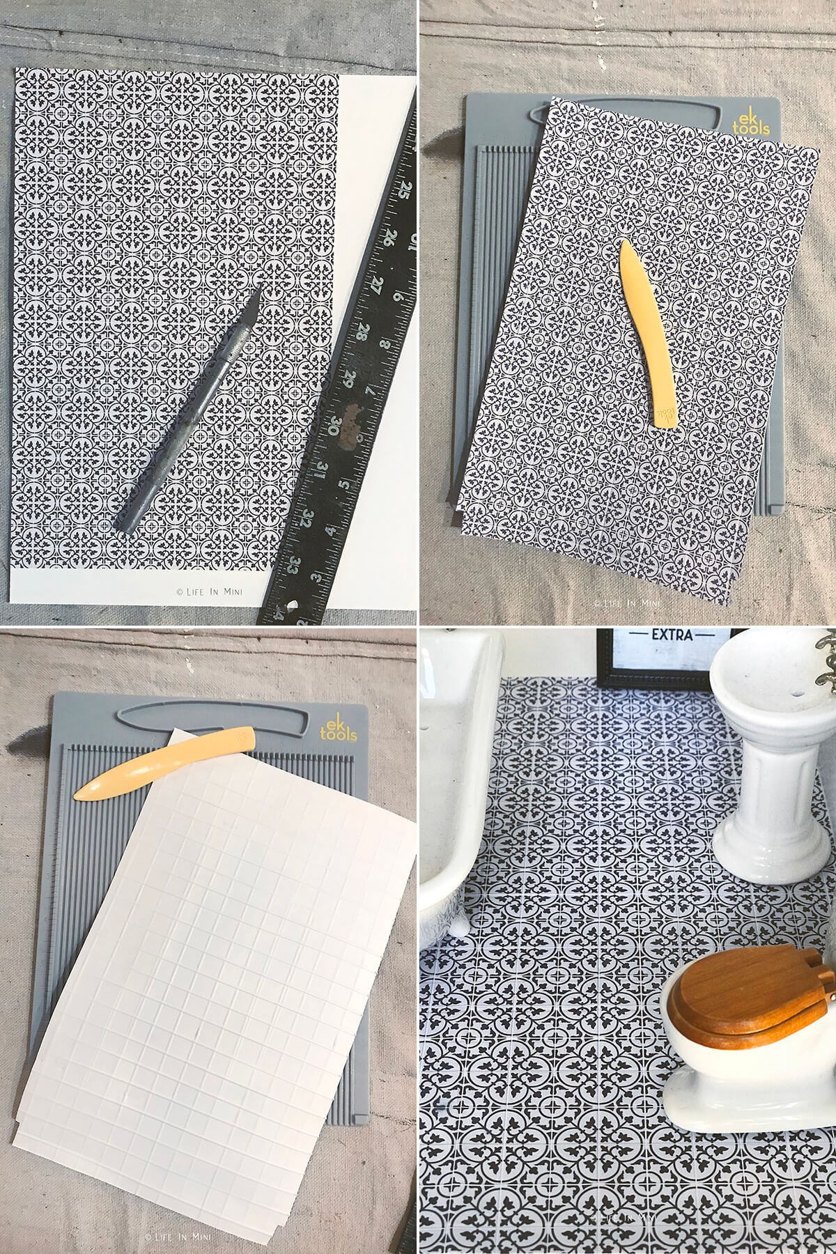 Collage of four images showing how to make miniature tiles for the dollhouse using photo paper.