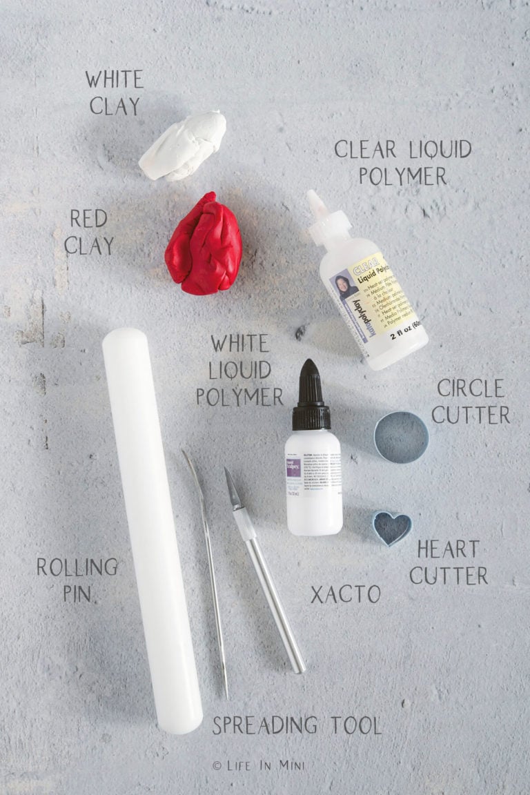 Materials and tools needed to make a mini cake with polymer clay
