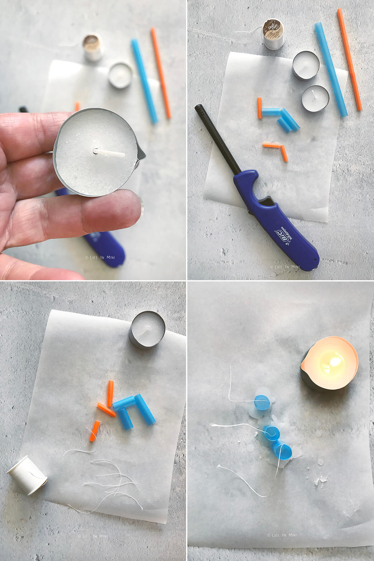 Collage of four images showing how to make miniature candles using straws.