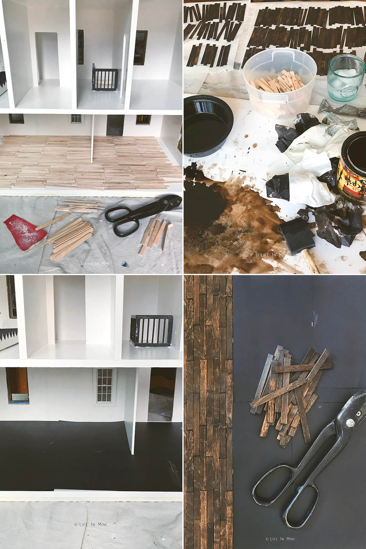 Collage of four images showing how to make dollhouse flooring with popsicle sticks.
