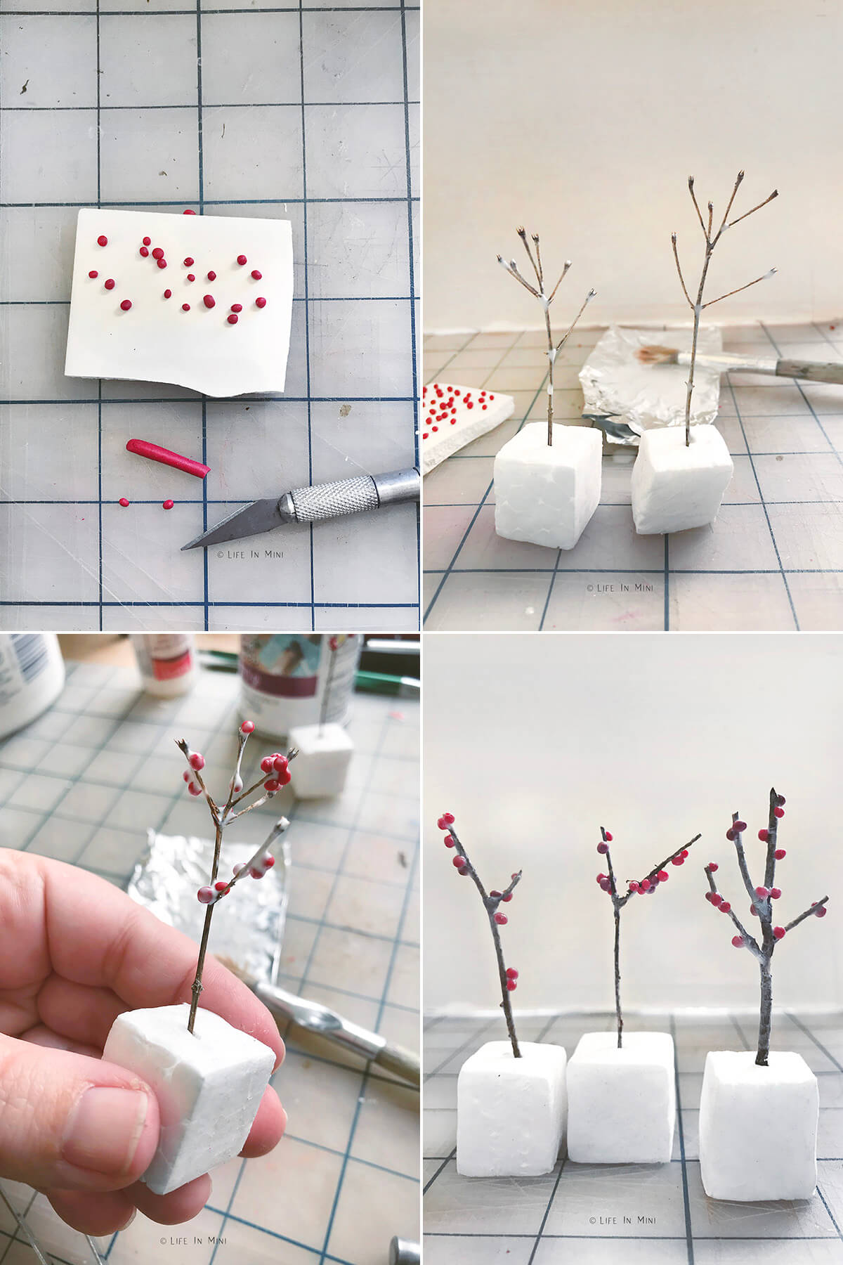 Collage of four images showing how to make mini berry branches.