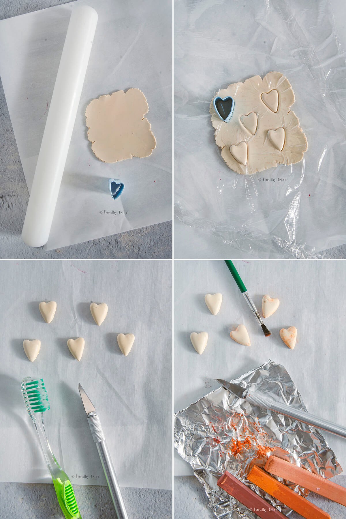 Collage of three images showing how to make mini heart cookies made from polymer clay.