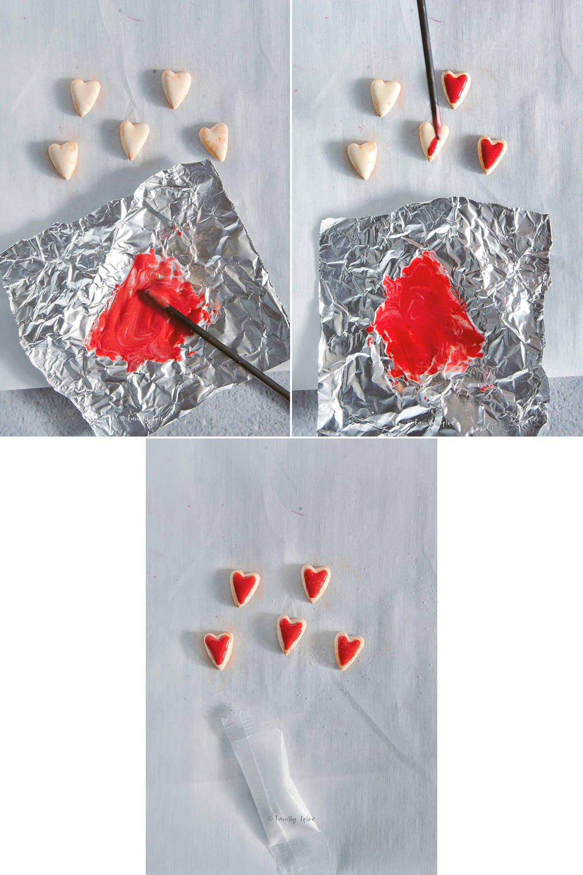 Collage of three images showing how to frost mini heart cookies made from polymer clay.
