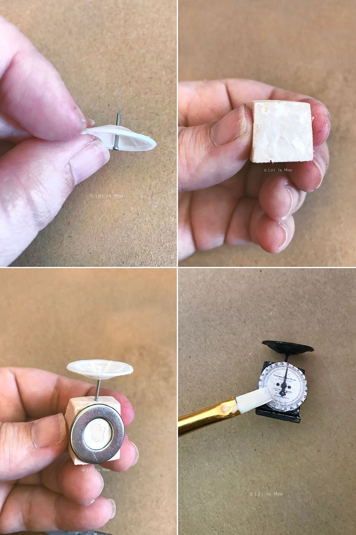 Collage of four images showing how to make a miniature antique scale.