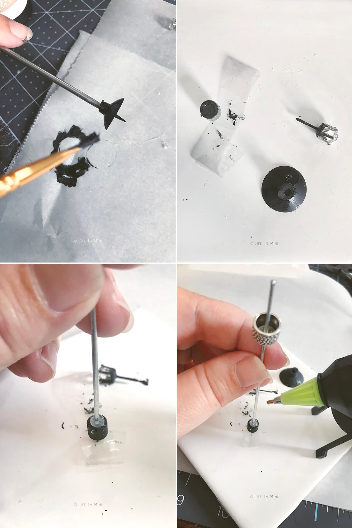 Collage of four images showing how to make a pendant light using an LED earring.