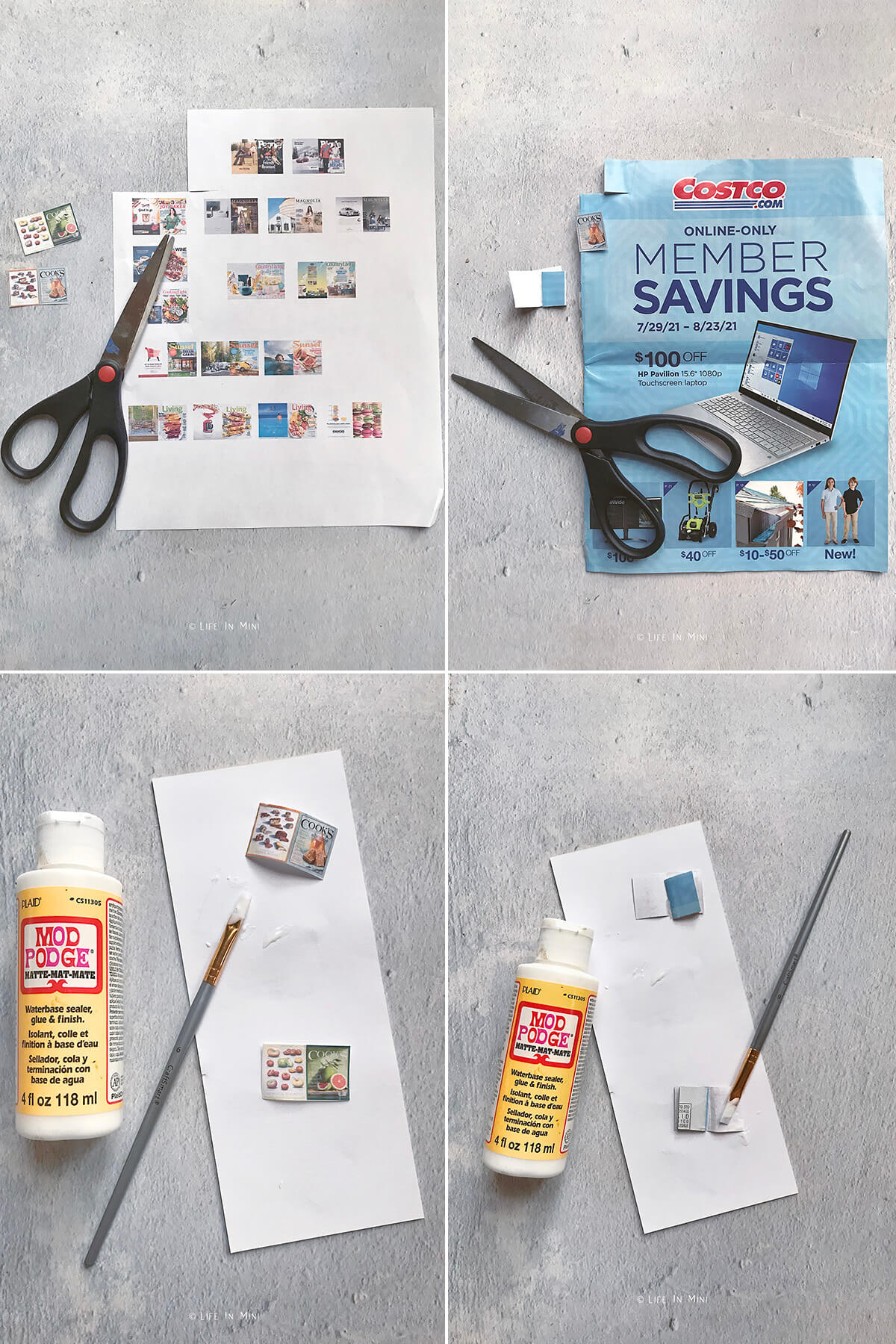 Collage of four images showing how to make mini magazines for a dollhouse.