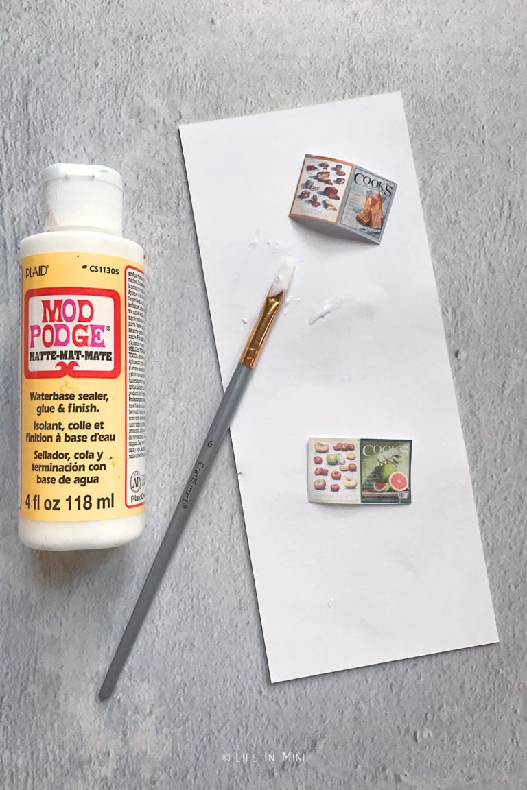 A bottle of Mod Podge with a paint brush and print outs of mini magazines