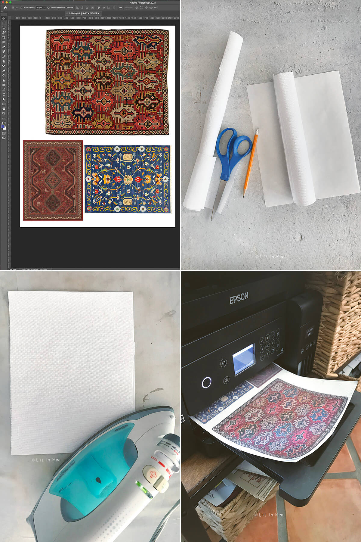 Collage of four images showing how to print dollhouse rugs at home.