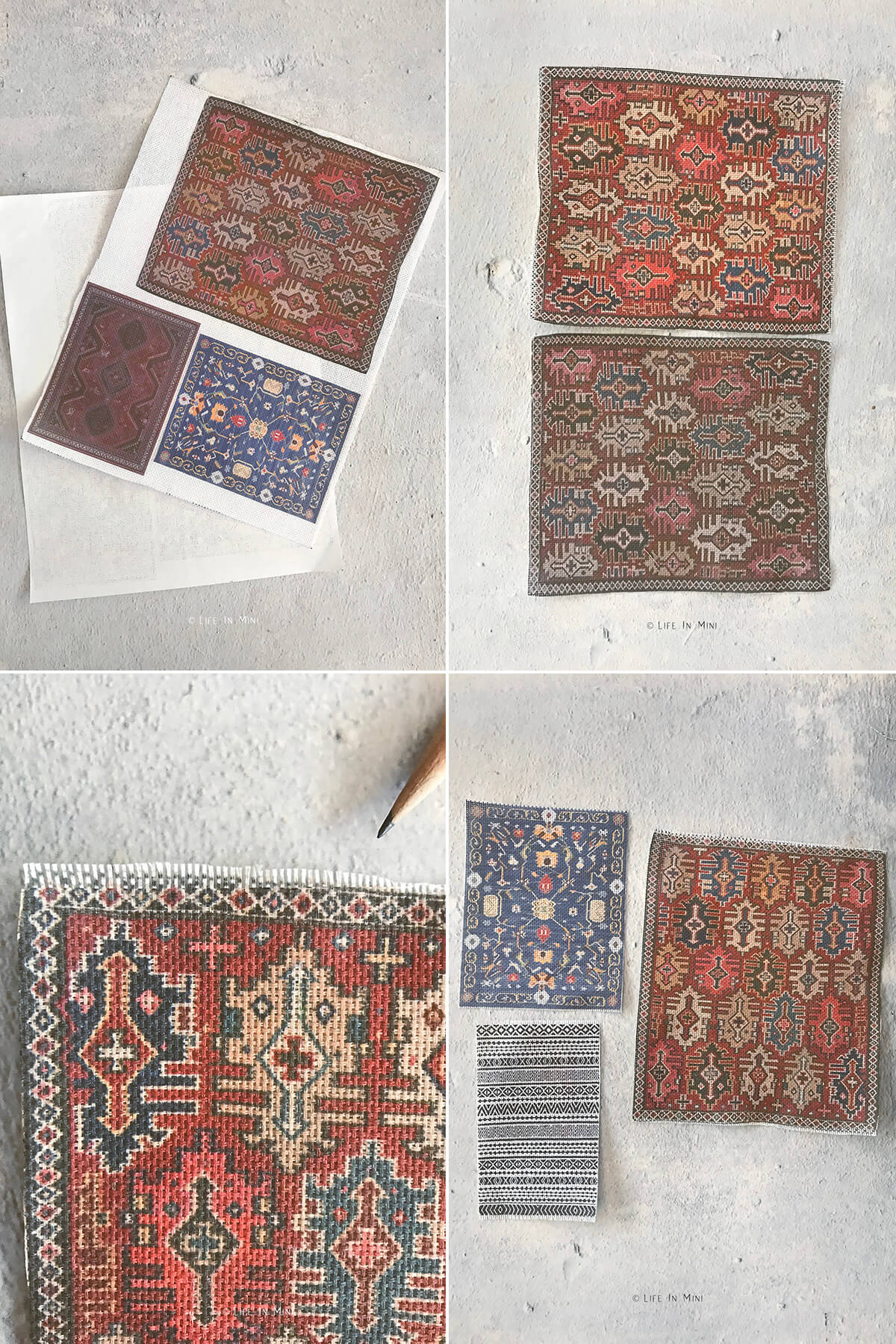 Collage of four images showing how to print dollhouse rugs at home.
