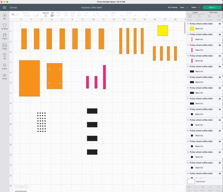 Screen shot of Cricut Design Space to make Miniature Industrial Coffee Table