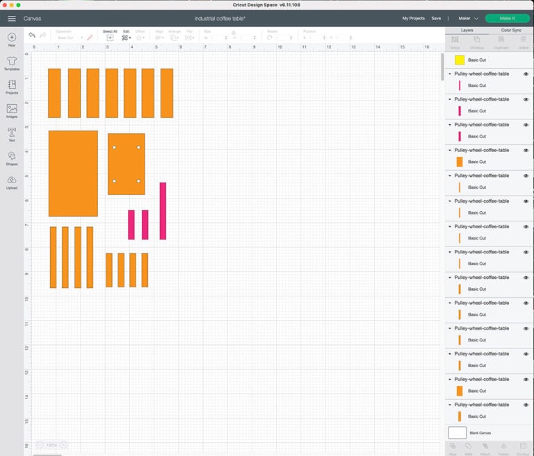 Screen shot of Cricut Design Space to make Miniature Industrial Coffee Table