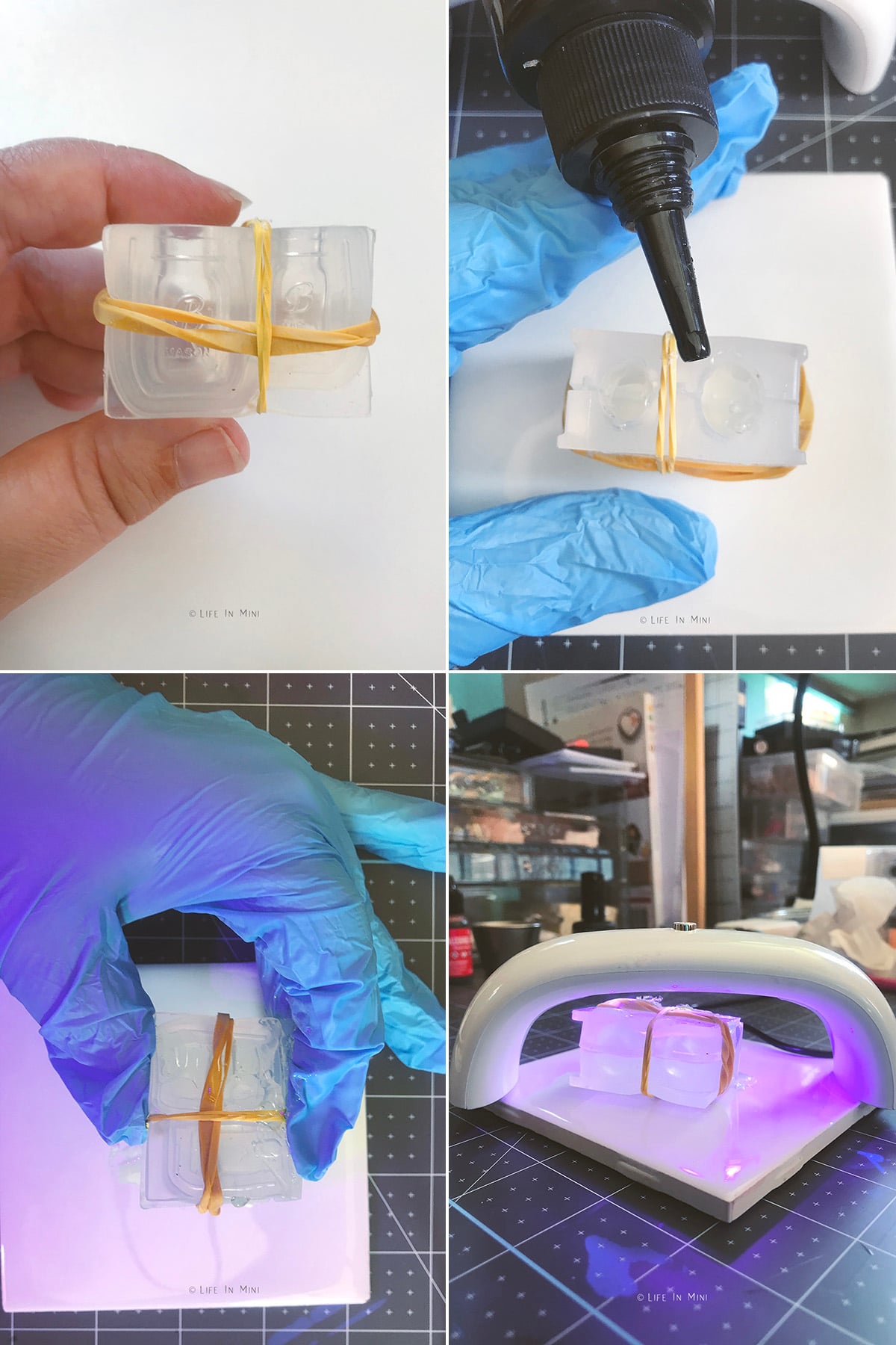 Collage of four images showing how make a miniature jar using uv resin.