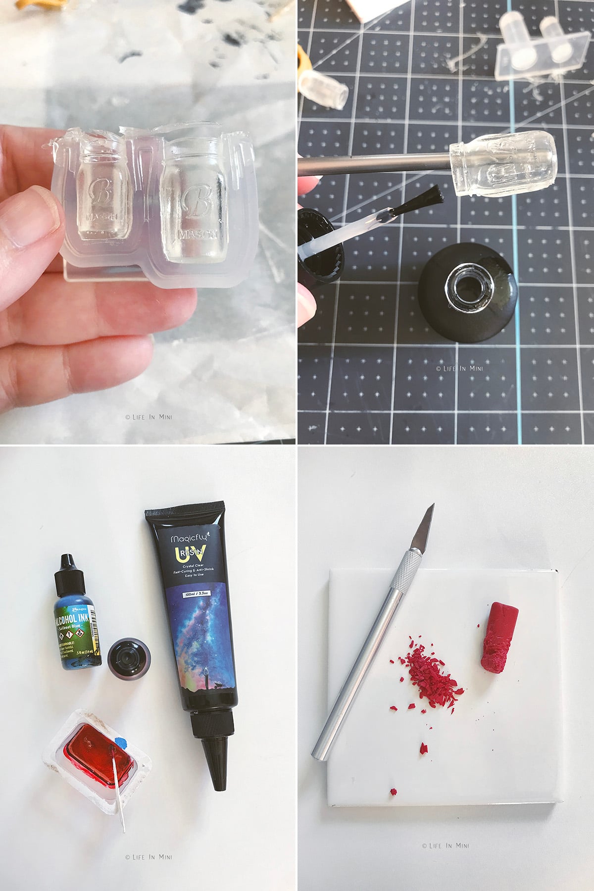 Collage of four images showing how make a miniature jar using uv resin.