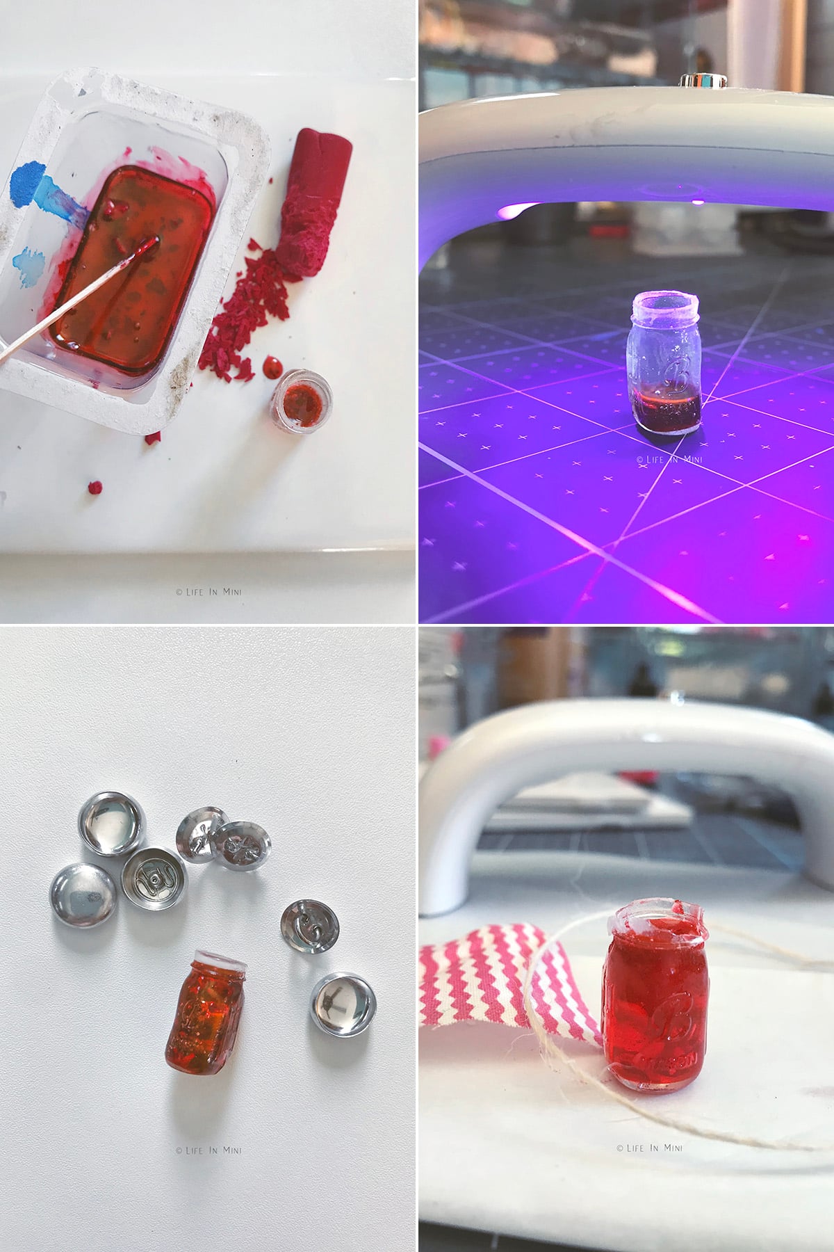 Collage of four images showing how make a mini jar of jam with resin.