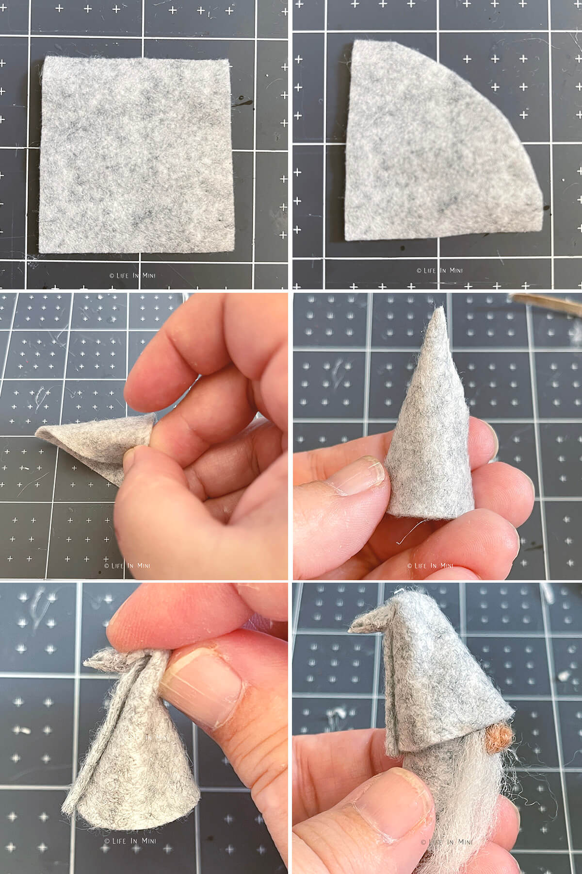Collage of six images showing how to make a mini gnome hat from felt.