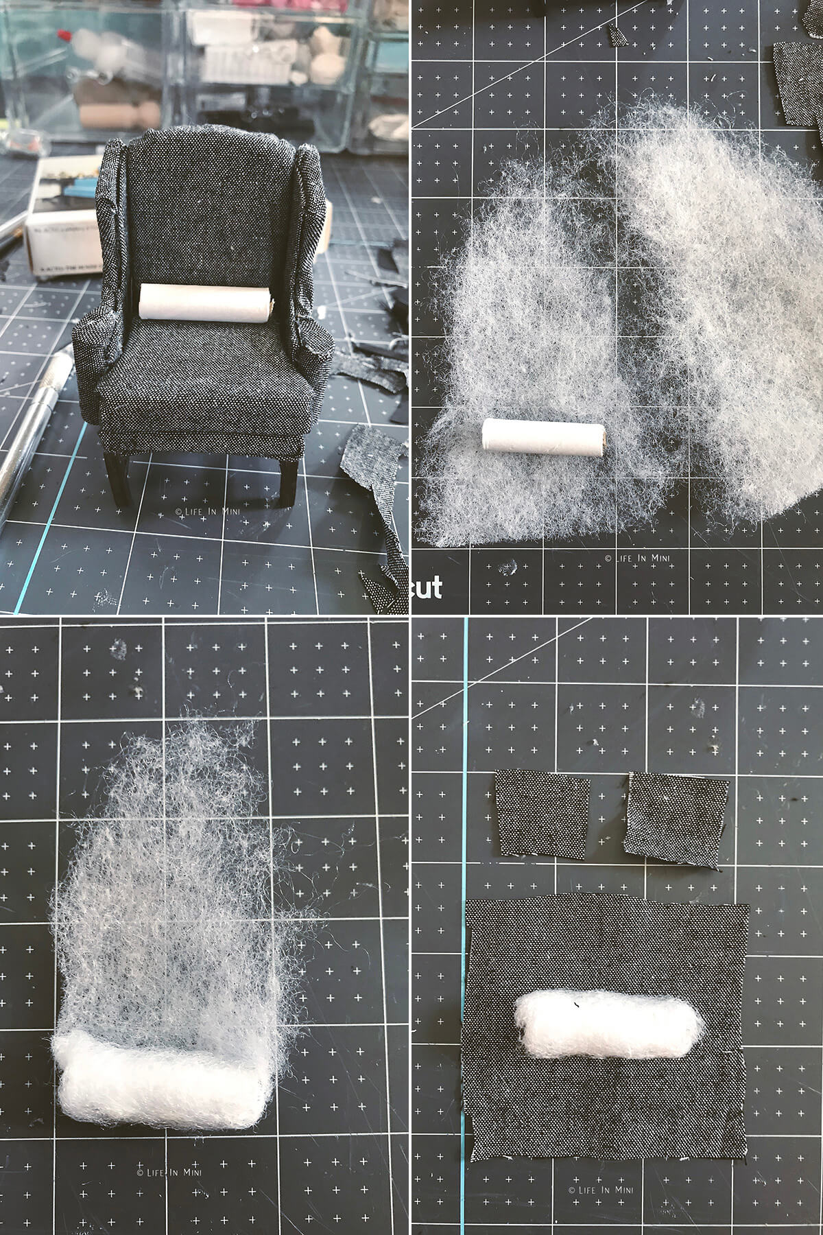 Collage of four images showing how to make the form for a miniature bolster pillow.