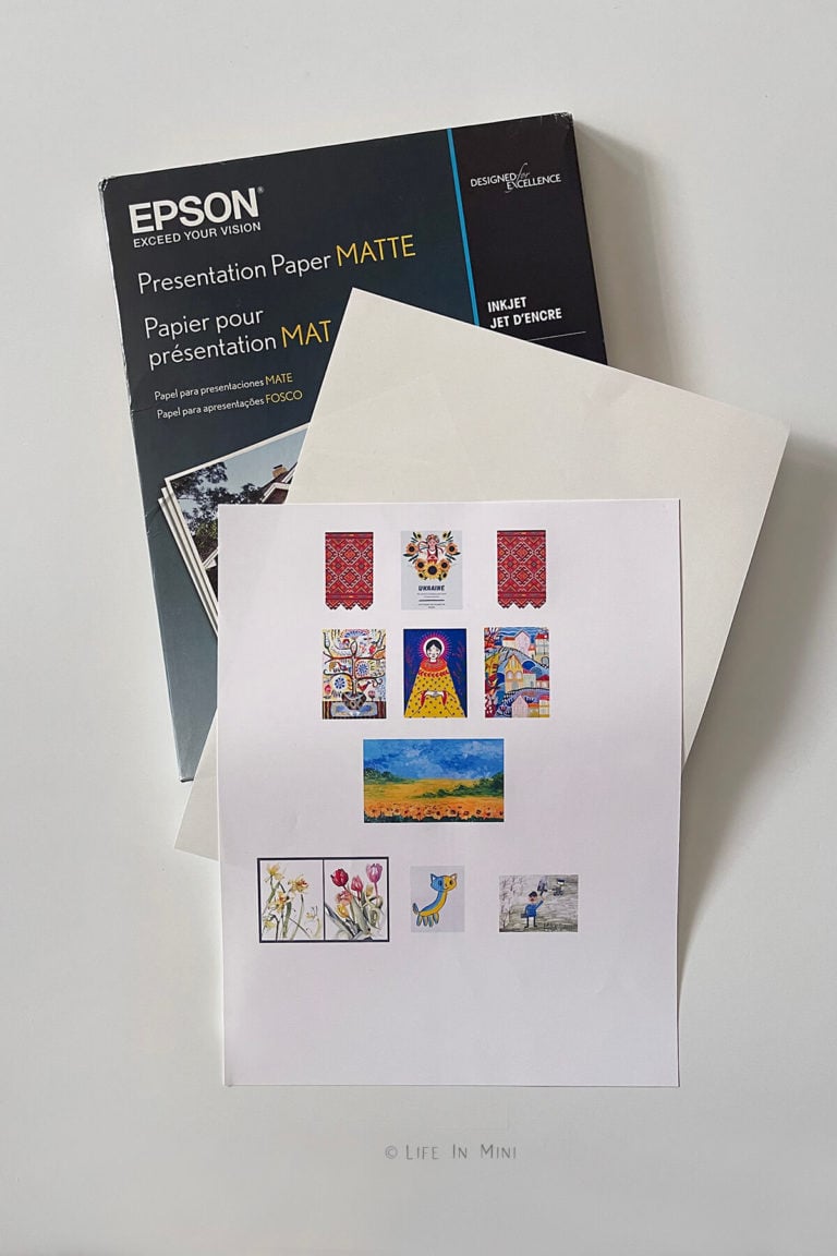 Miniature artwork printed on paper on a package of matte presentation paper