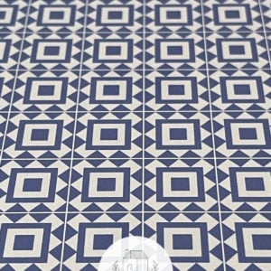 Closeup of 1:12 blue square geometric dollhouse tile flooring