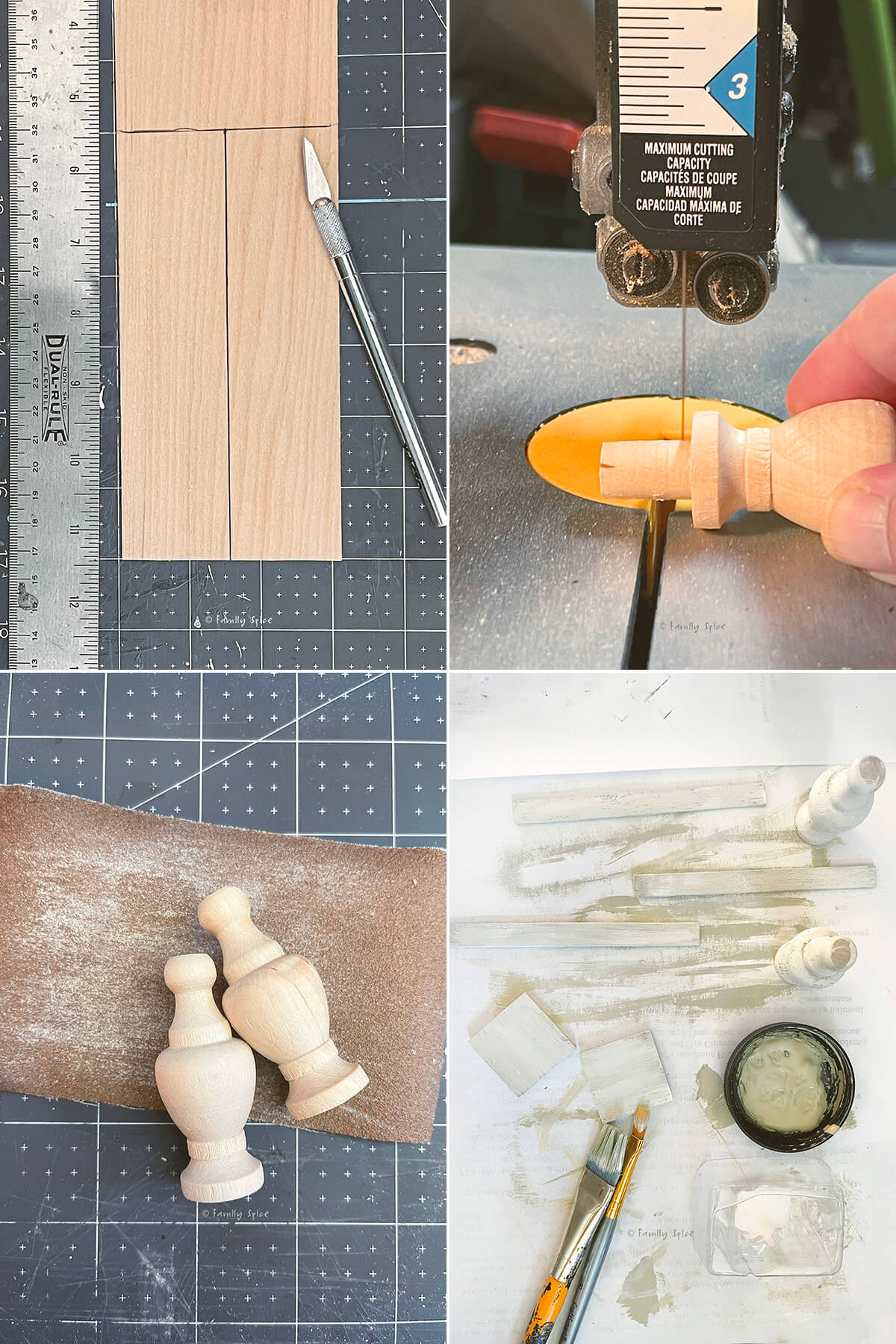 Collage of four images showing how to make a farmhouse console table.
