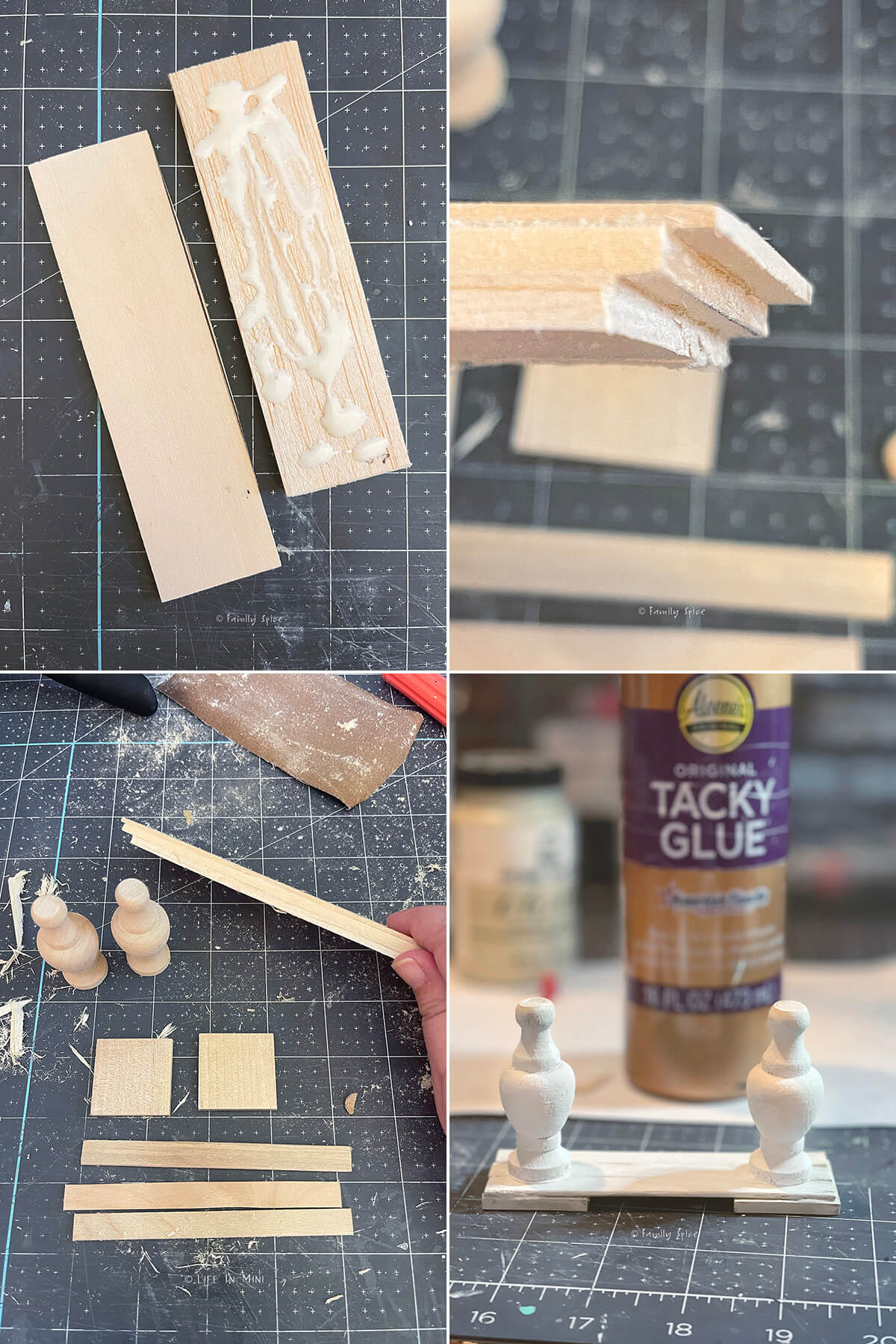 Collage of four images showing how to assemble pieces to make a farmhouse console table.