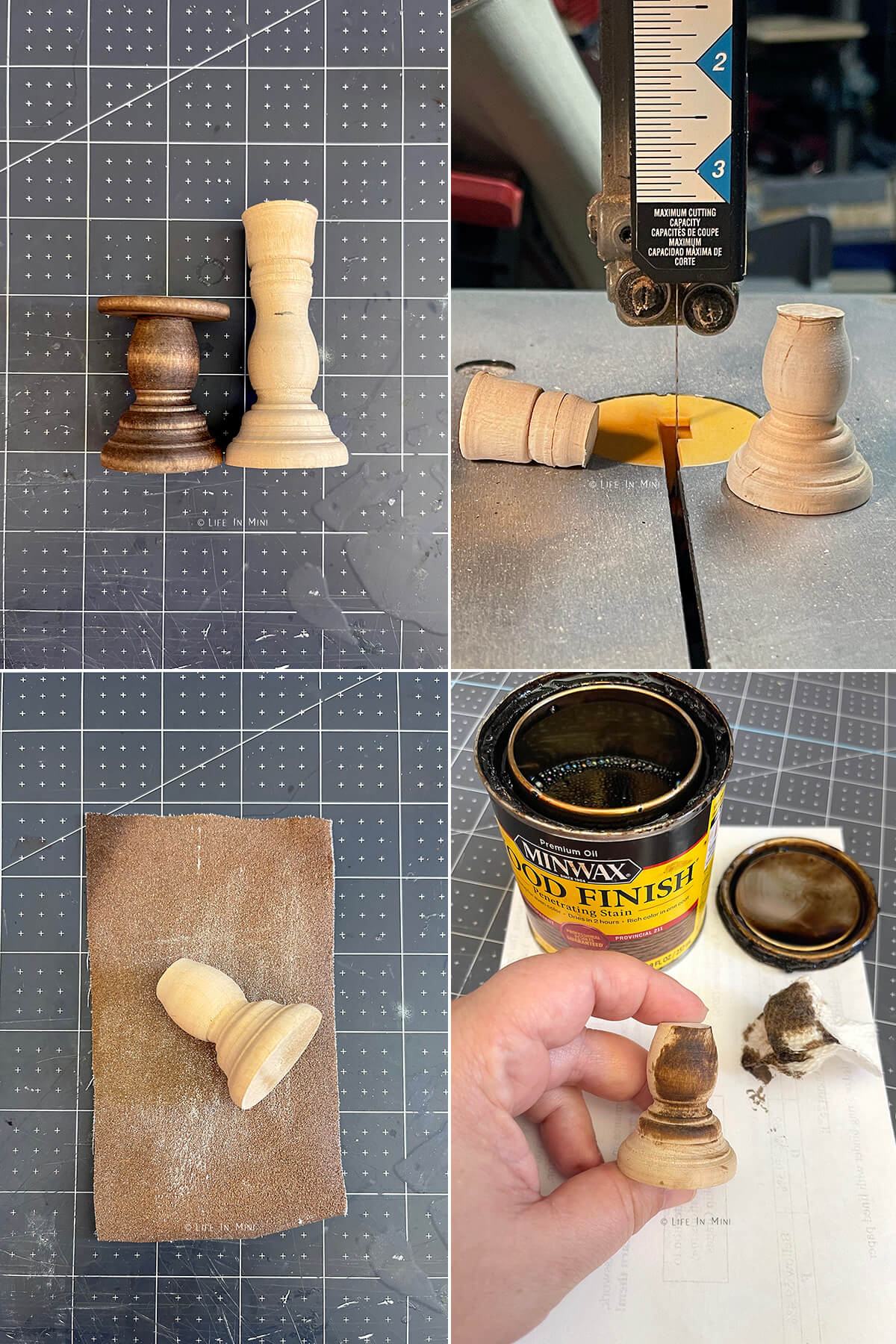 Collage of four images showing how to make a dollhouse table from a wooden candlestick.