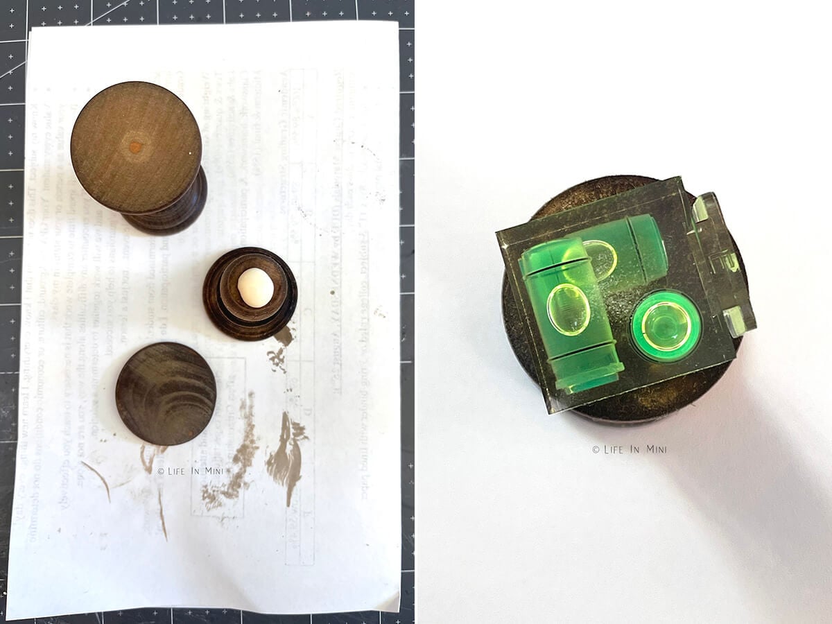 Collage of four images showing how to finish a dollhouse table from a wooden candlestick.