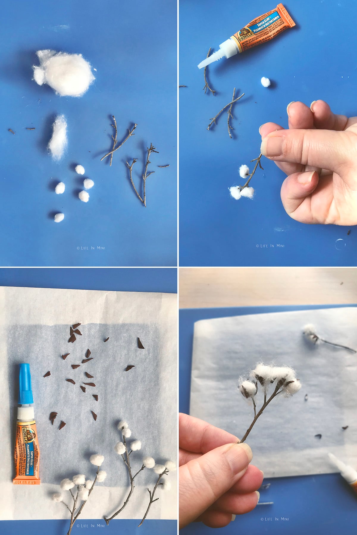 Collage of four images showing how to make miniature cotton stems.