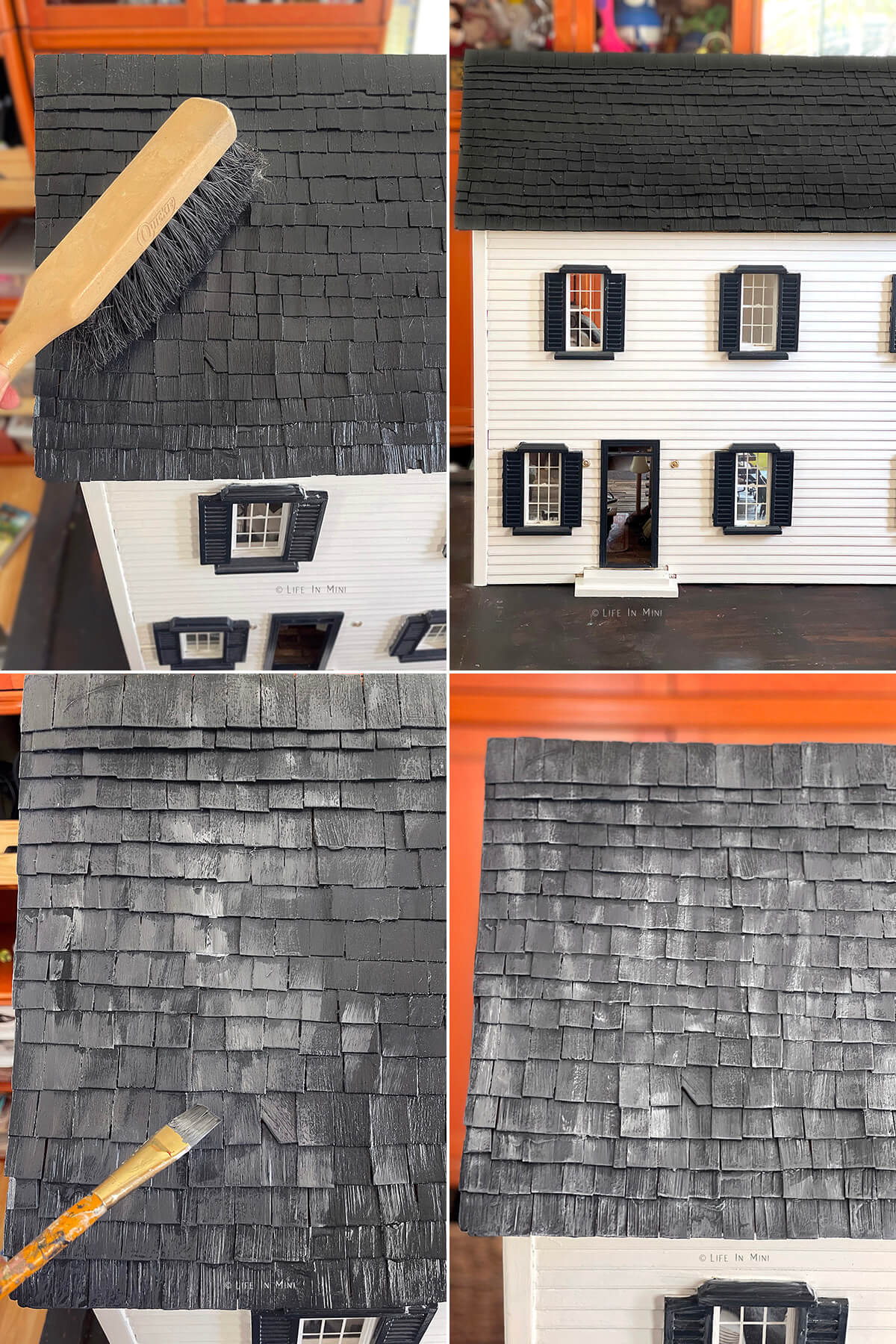 Collage of four images showing how to paint a dollhouse roof to look like slate.