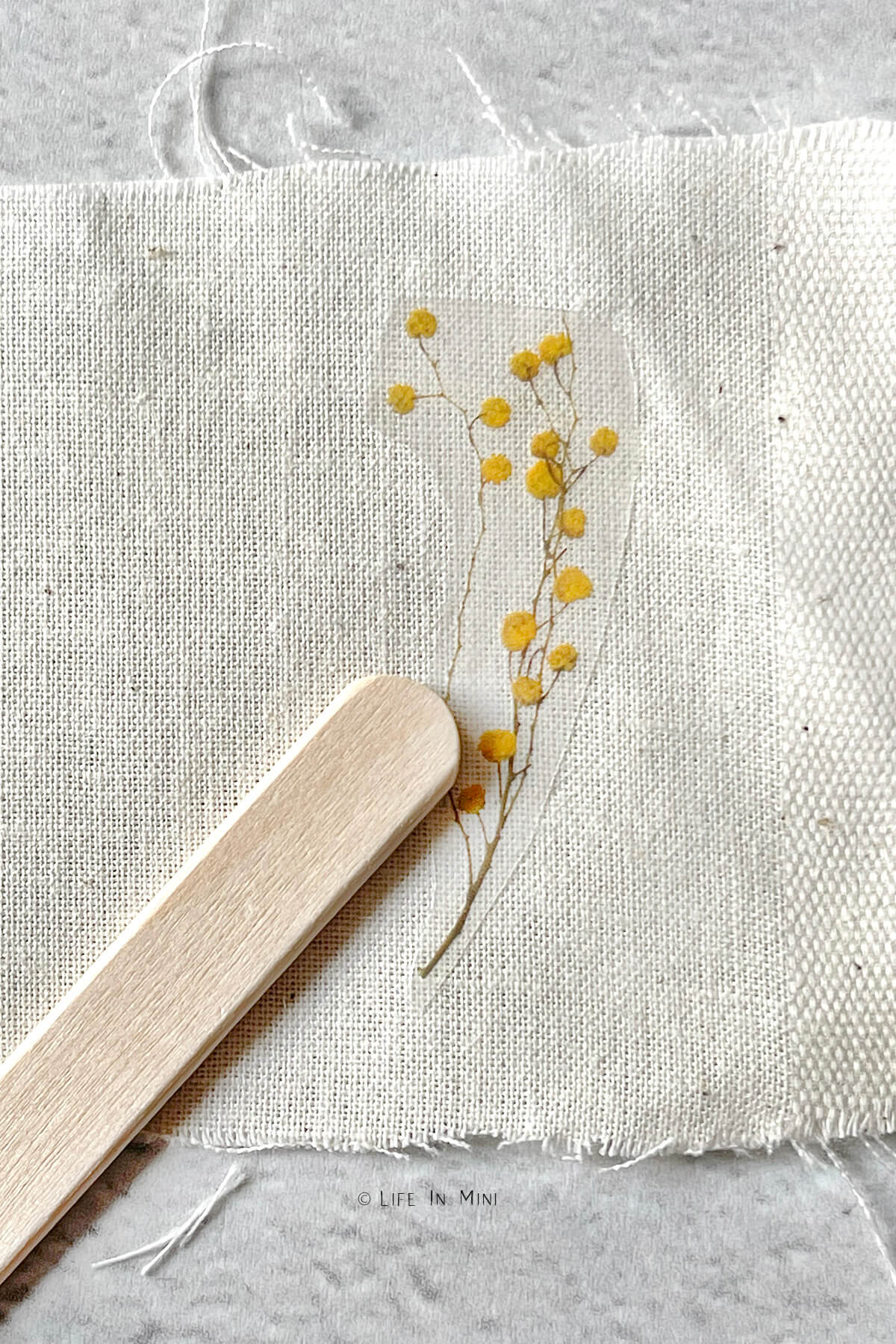 Using a popsicle stick to rub small flowers using rub off transfer onto a beige fabric