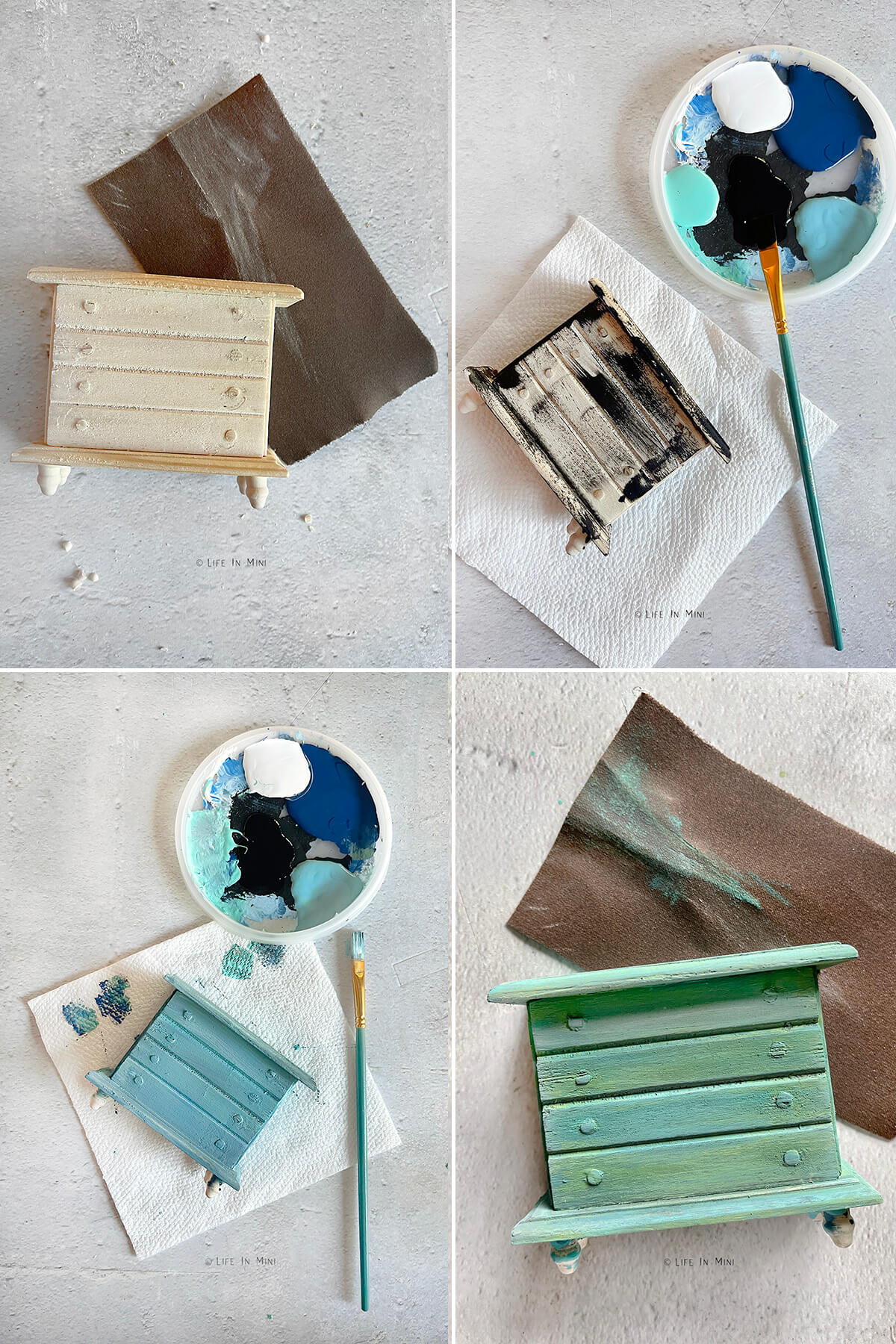 Collage of 4 pictures showing how I sanded and painted a teal dollhouse dresser