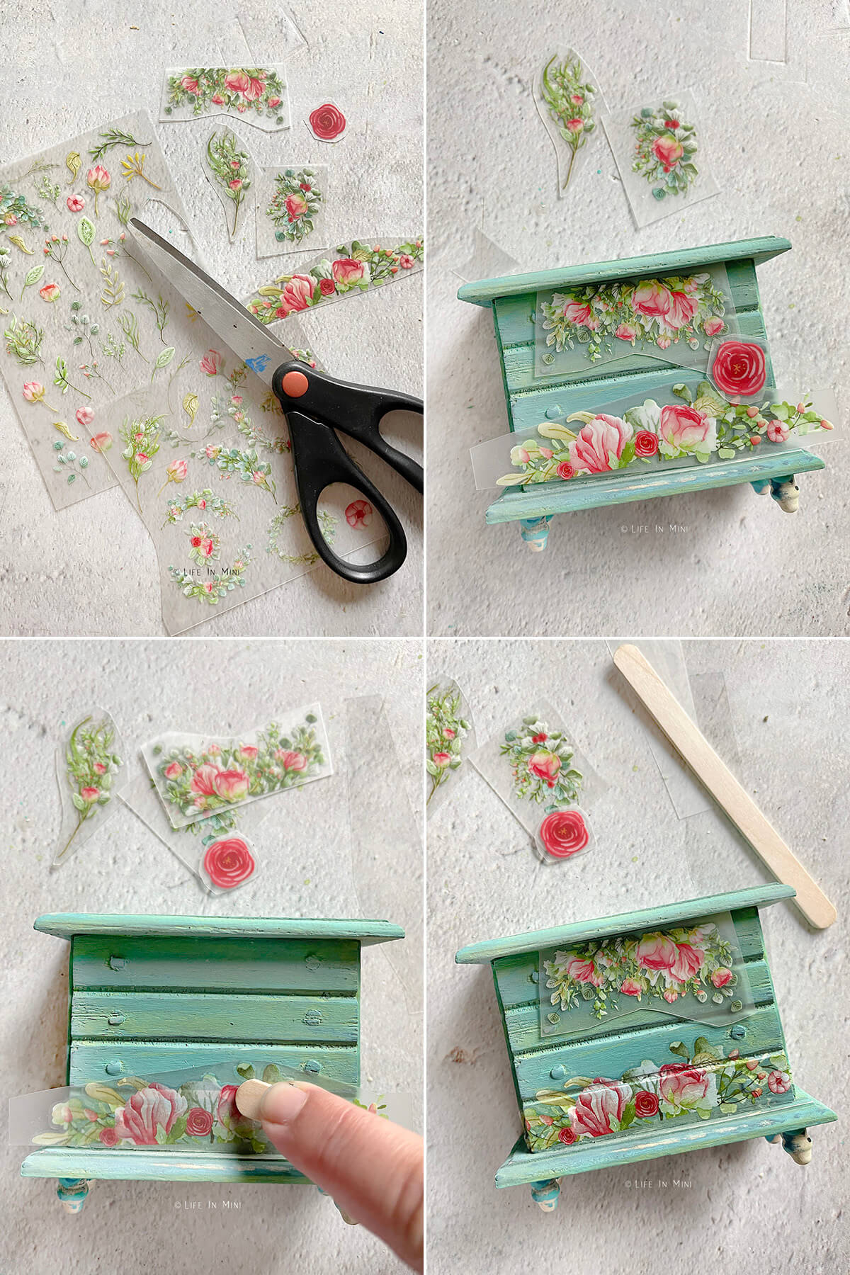 Collage of four images showing how to use rub on transfers on a dollhouse dresser.