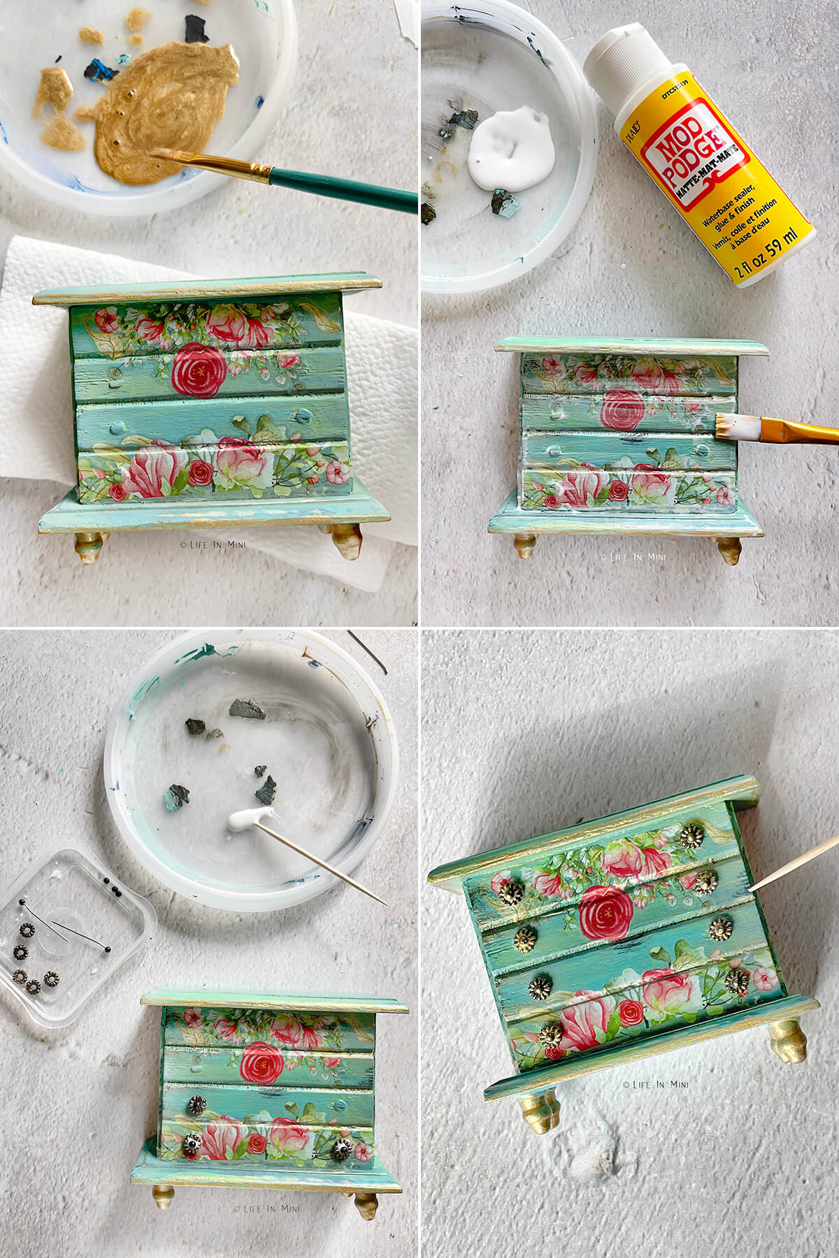 Collage of four pictures showing how to add the finishing touches to a dollhouse dresser.