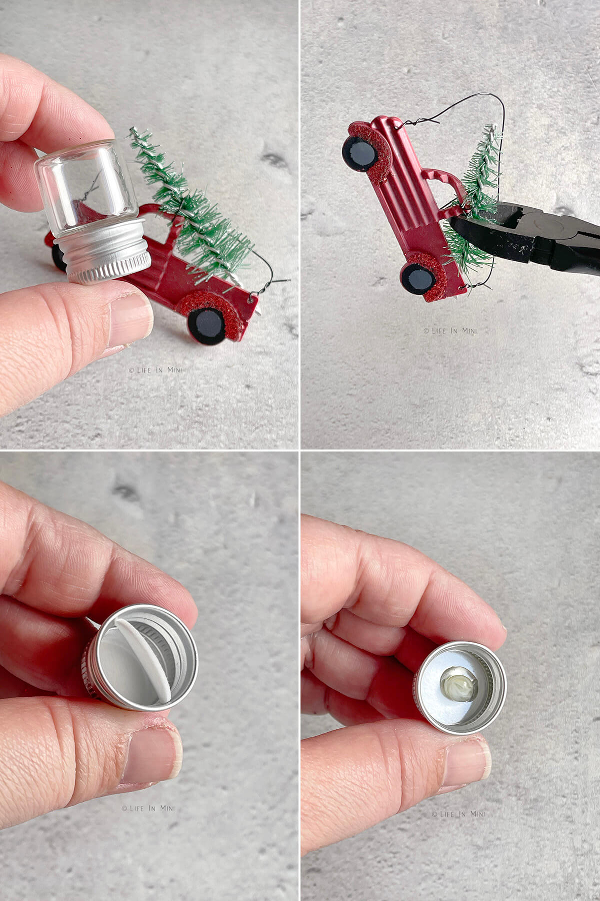 Collage of four images showing how to make a miniature snow globe.