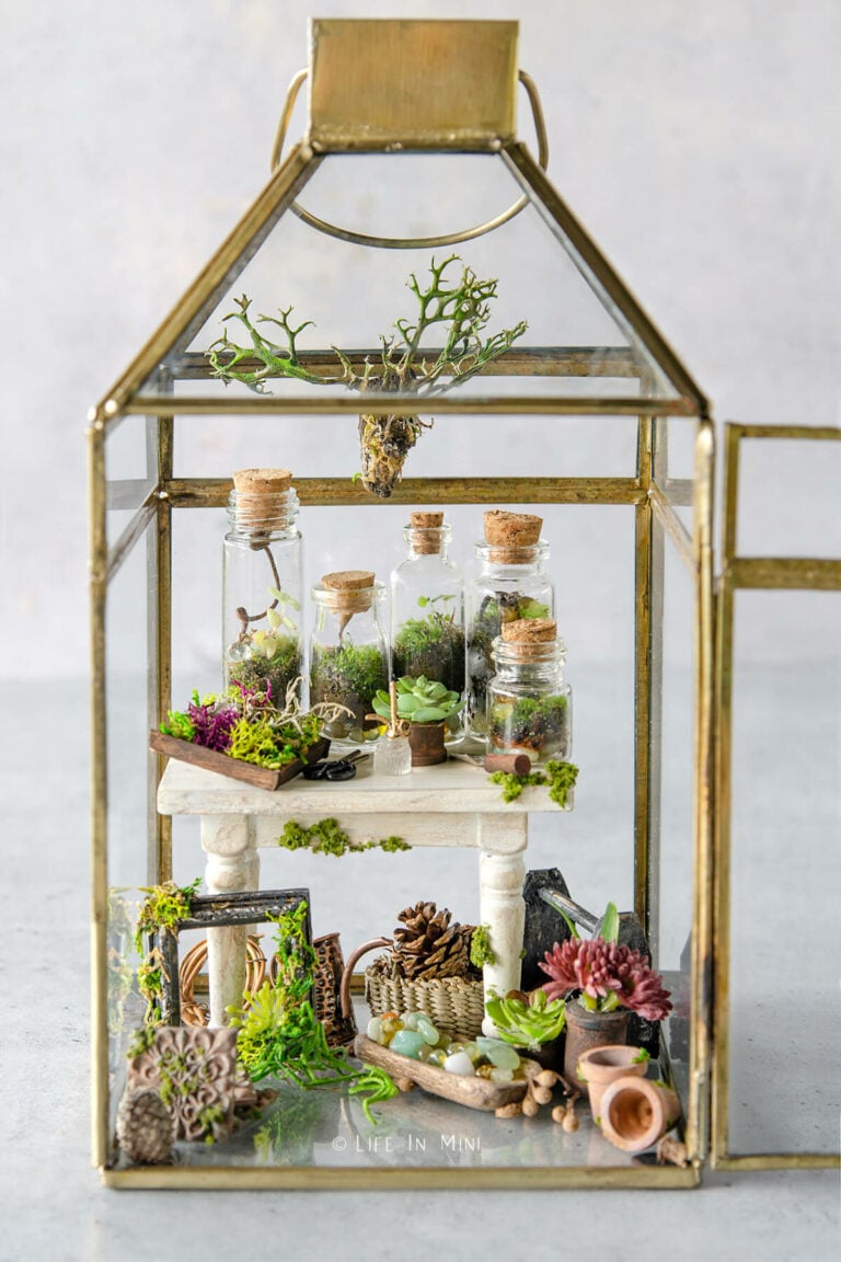 A brass and glass lantern with a mini potting bench scene with mini plants and terrariums set in it