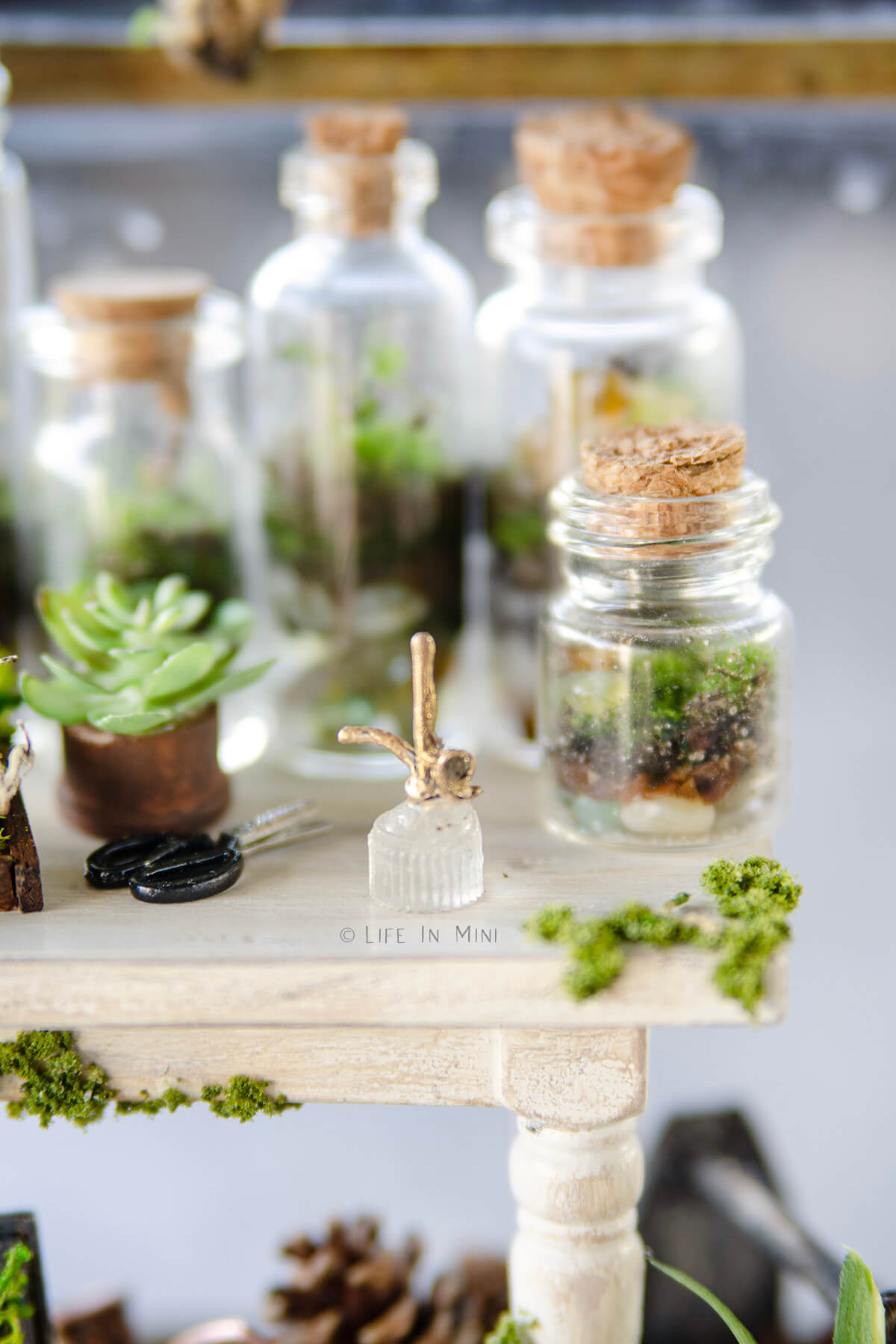 Closeup of a miniature plant mister made of resin with mini terrariums around it