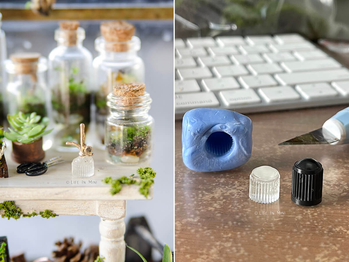 Collage of two photos showing how to make a miniature water sprayer.