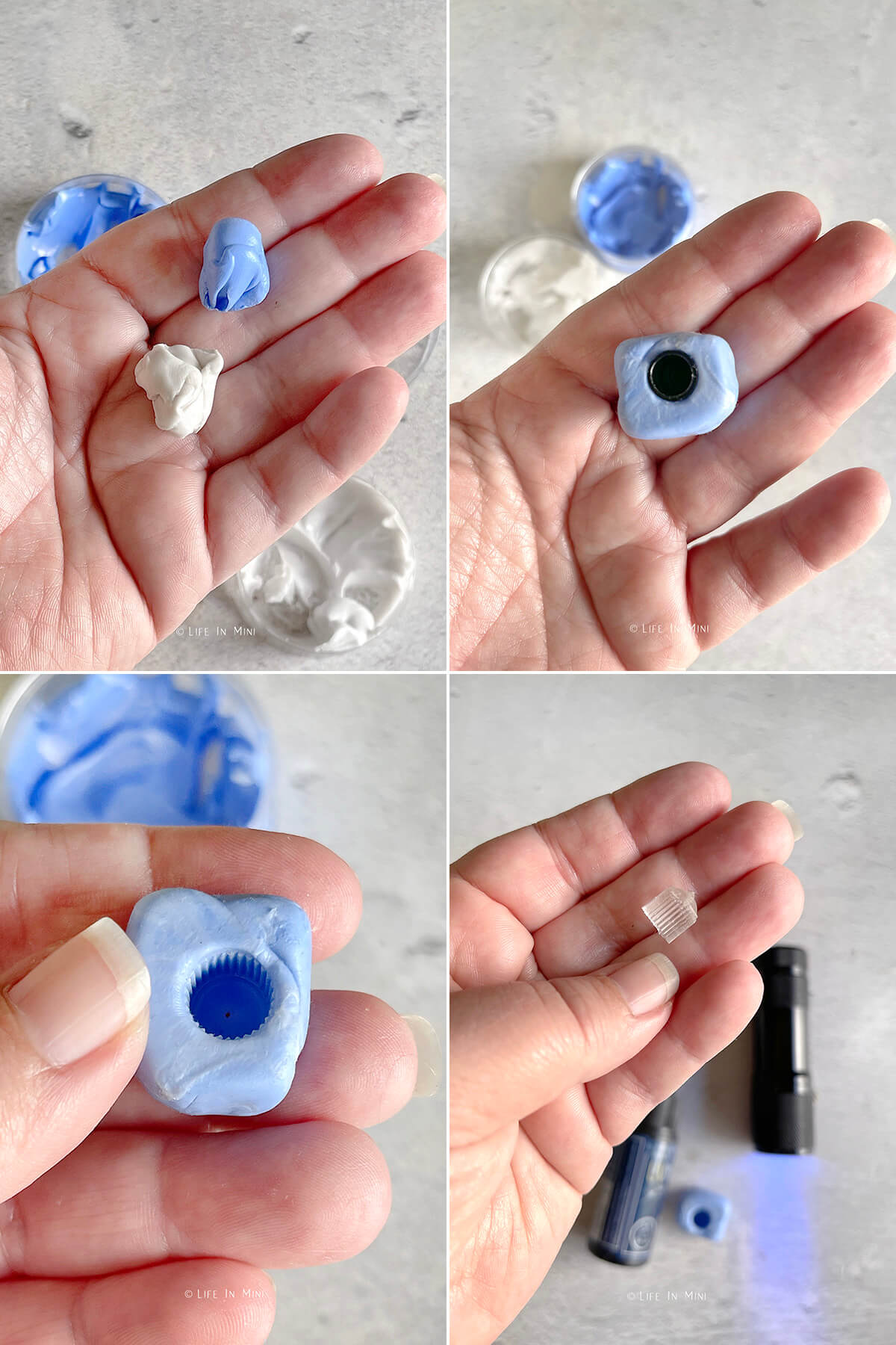 Collage of four images showing how to make a silicone mold using molding putty.