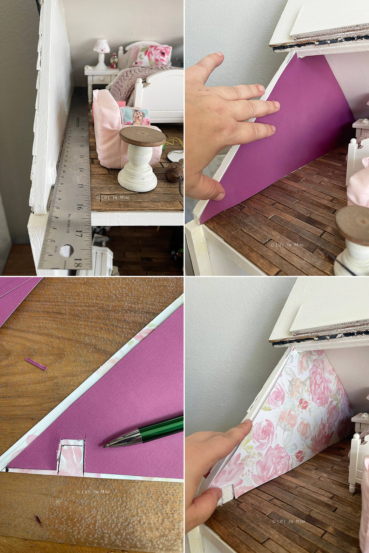 Collage of four images showing how to make template to add wallpaper for a dollhouse.