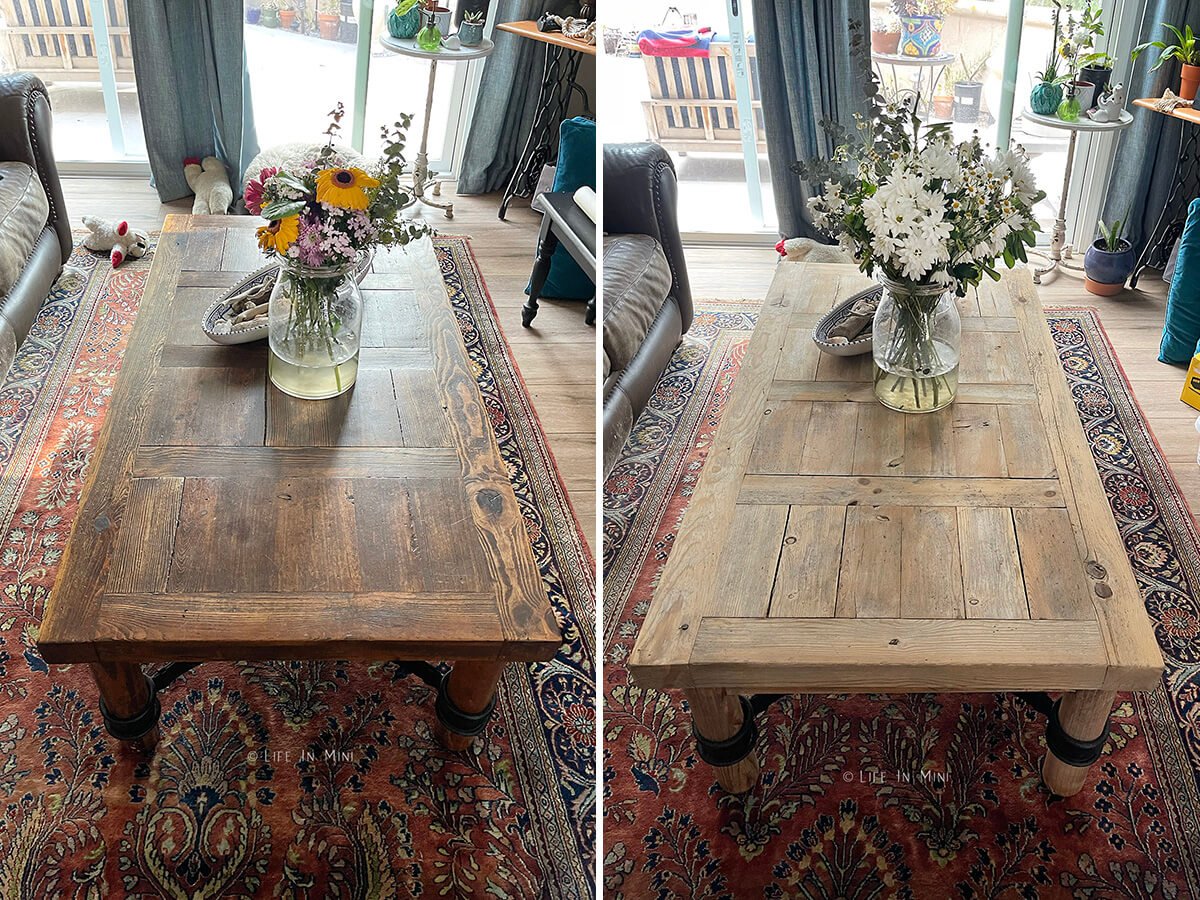 Before and after shots of a coffee table that has been bleached.