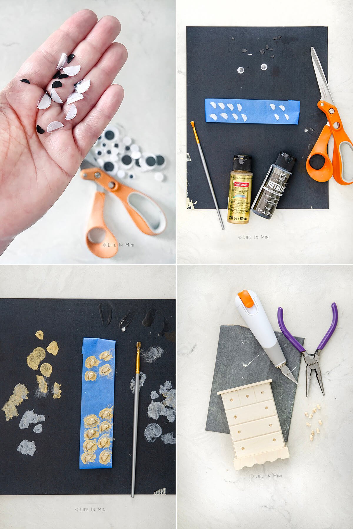 Collage of four images showing how to make drawer pulls from googly eyes.