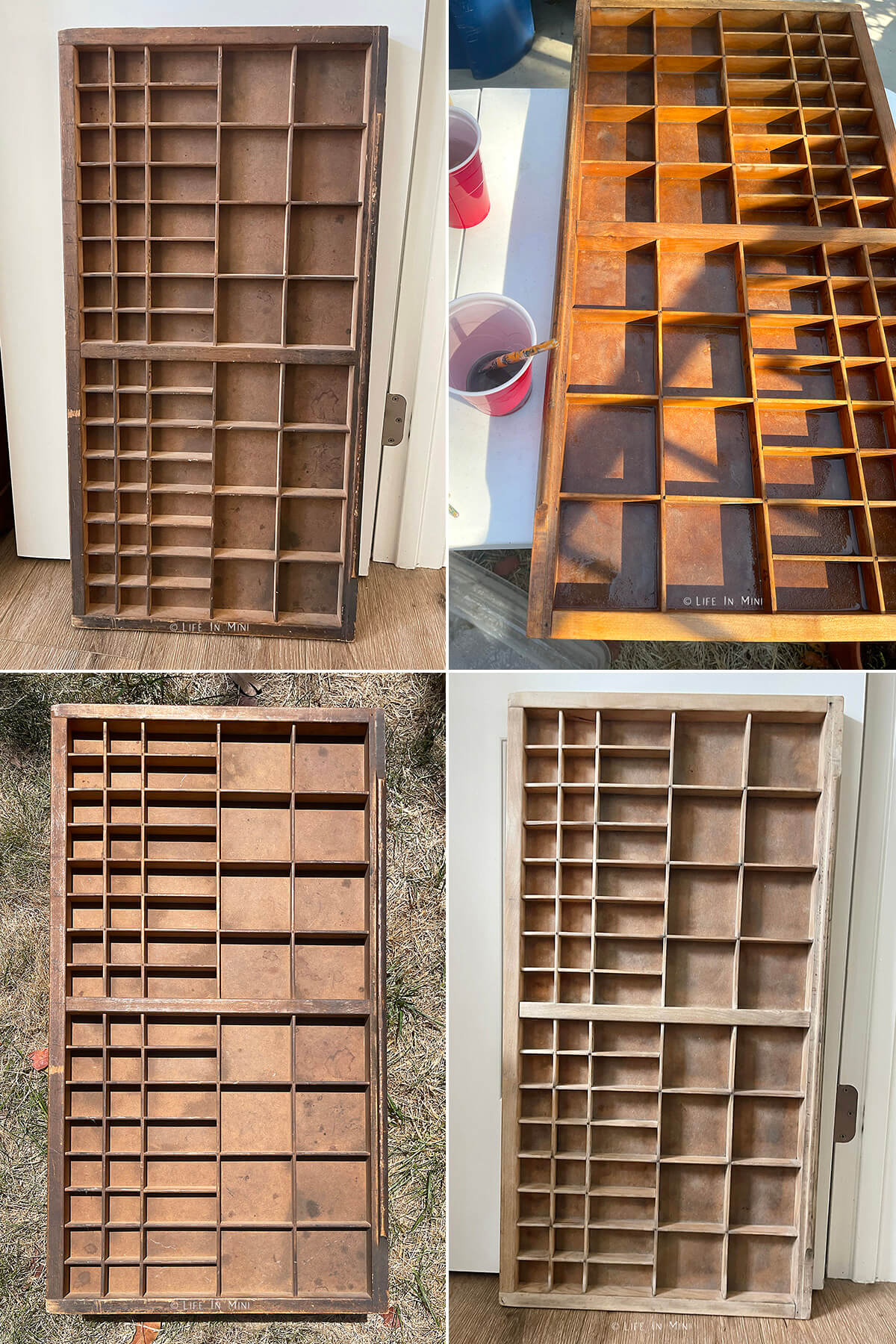 Collage of four images showing how to bleach wood.