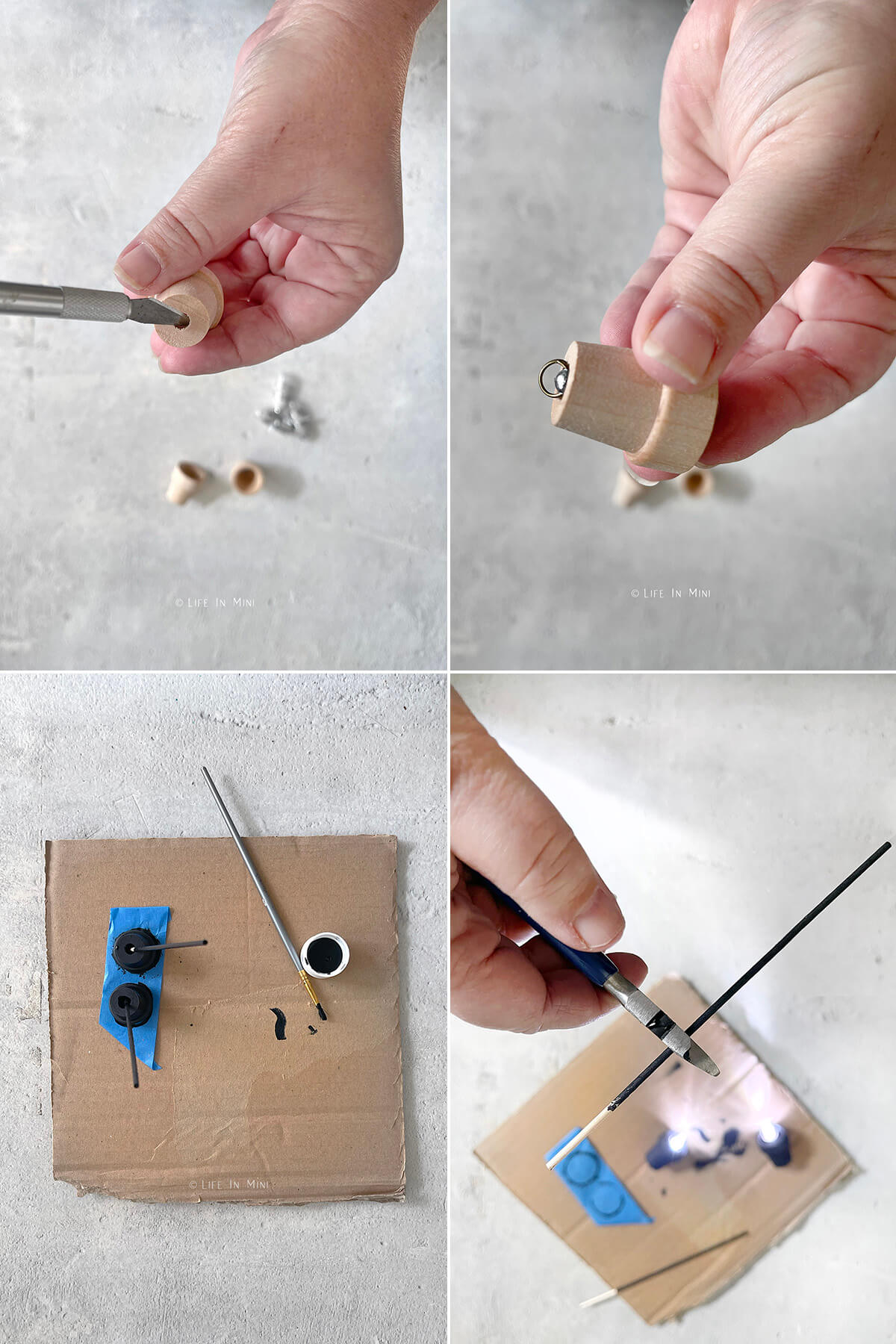 Collage of four images showing how to make a chandelier using balloon lights.