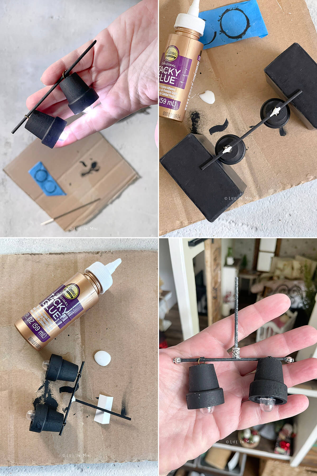 Collage of four images showing how to finish making a chandelier using balloon lights.