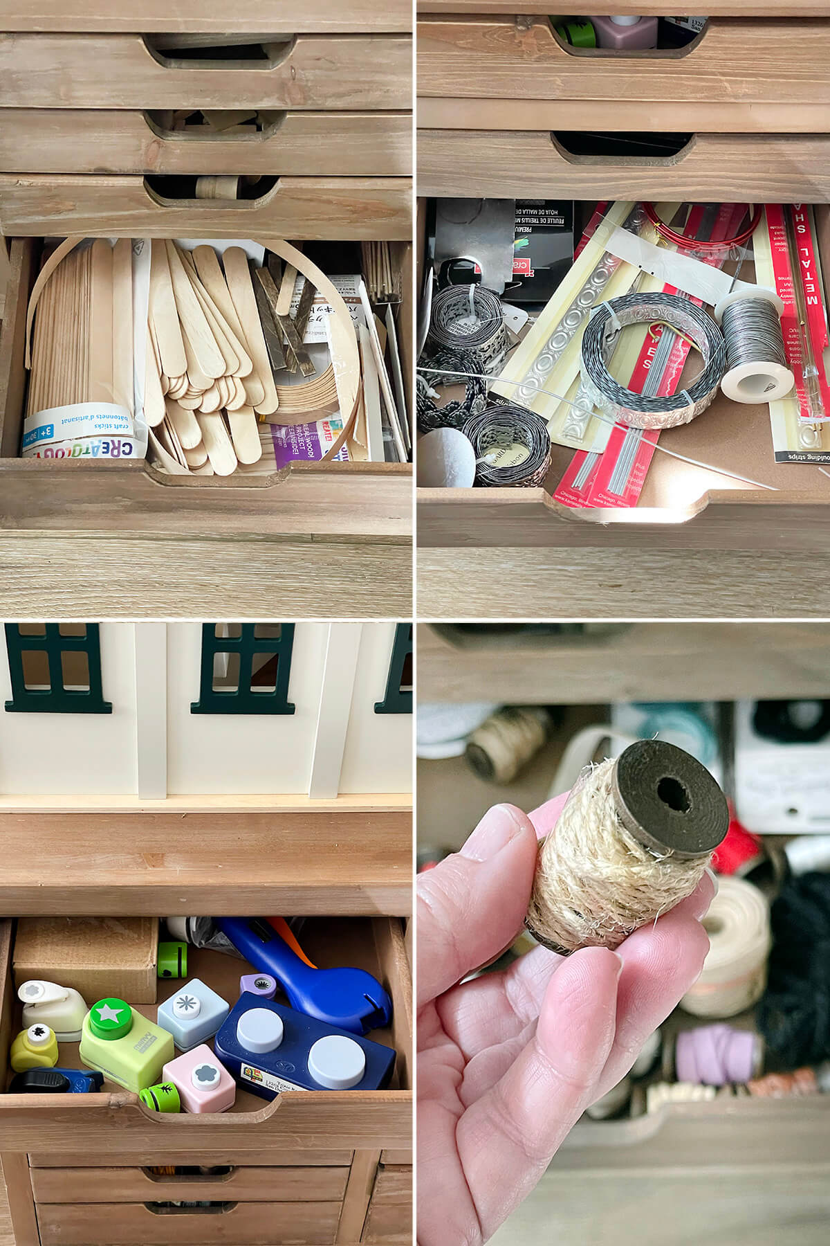 Collage of what is inside 4 drawers in a rolling cart