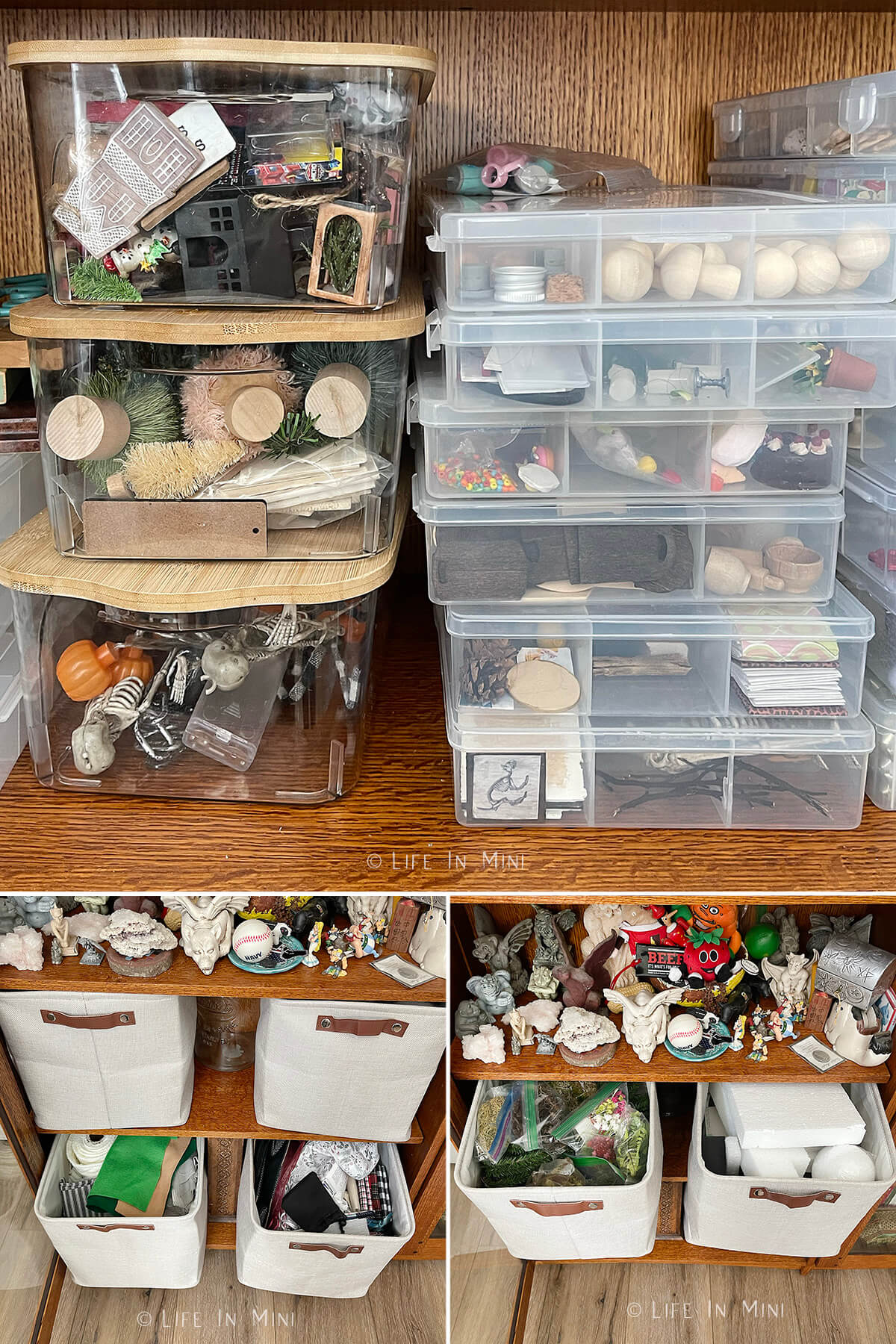 Collage of what is inside a craft cabinet with bins and various items