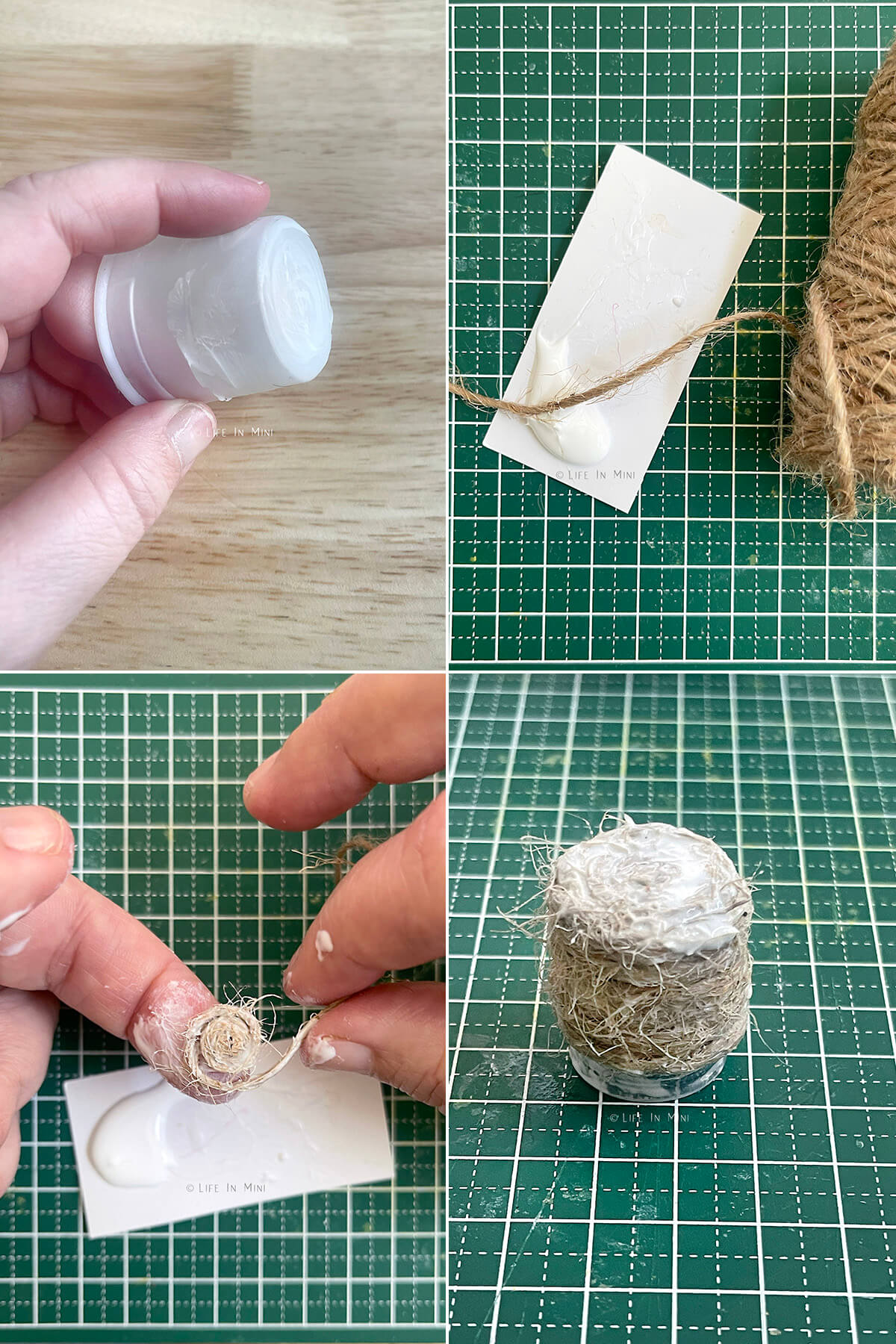 collage of four images showing how to make miniature baskets with glue and twine.