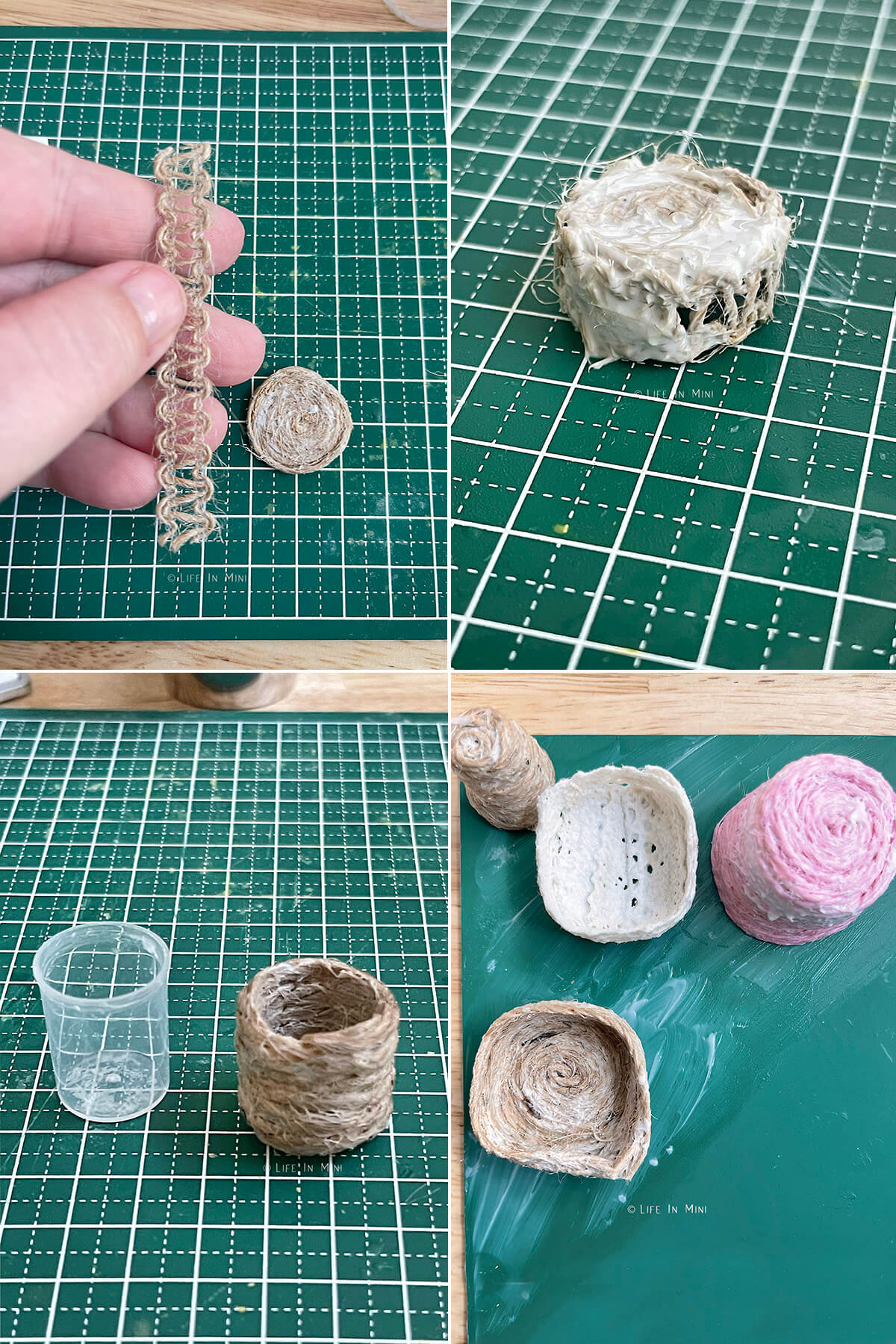 Collage of four images showing other ways to make miniature baskets.