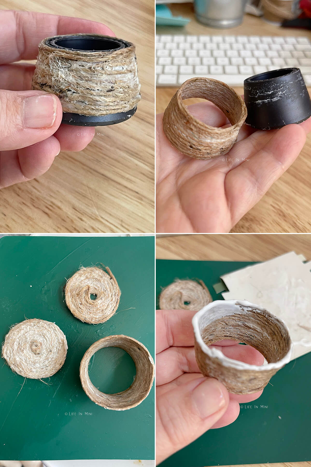 Collage of four pictures showing how to make a triangular basket with a lid.