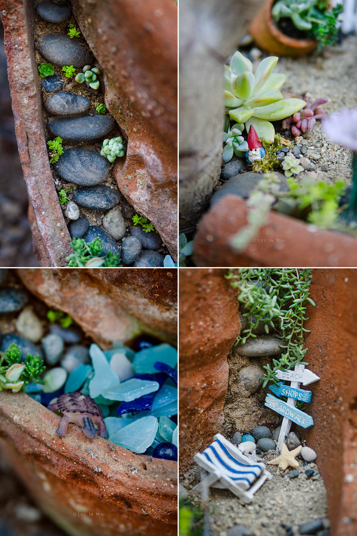 Collage of four images showing details of a broken pot fairy garden.